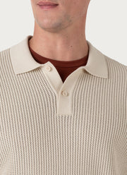 Men's Linear Mesh Knit Polo Shirt in Ecru