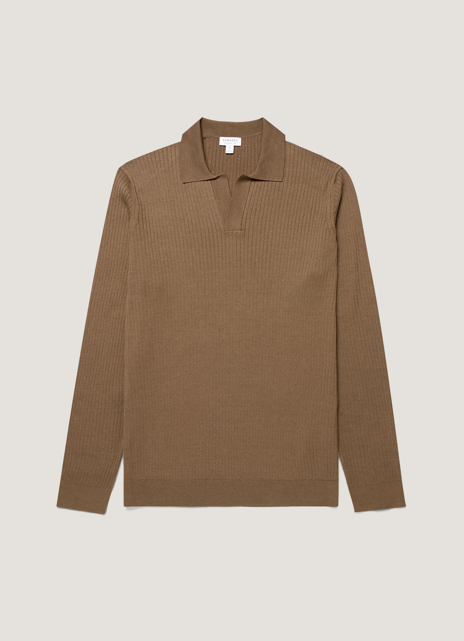 Men's Long Sleeve Fine Rib Silk Cotton Polo in Dark Cedar | Sunspel