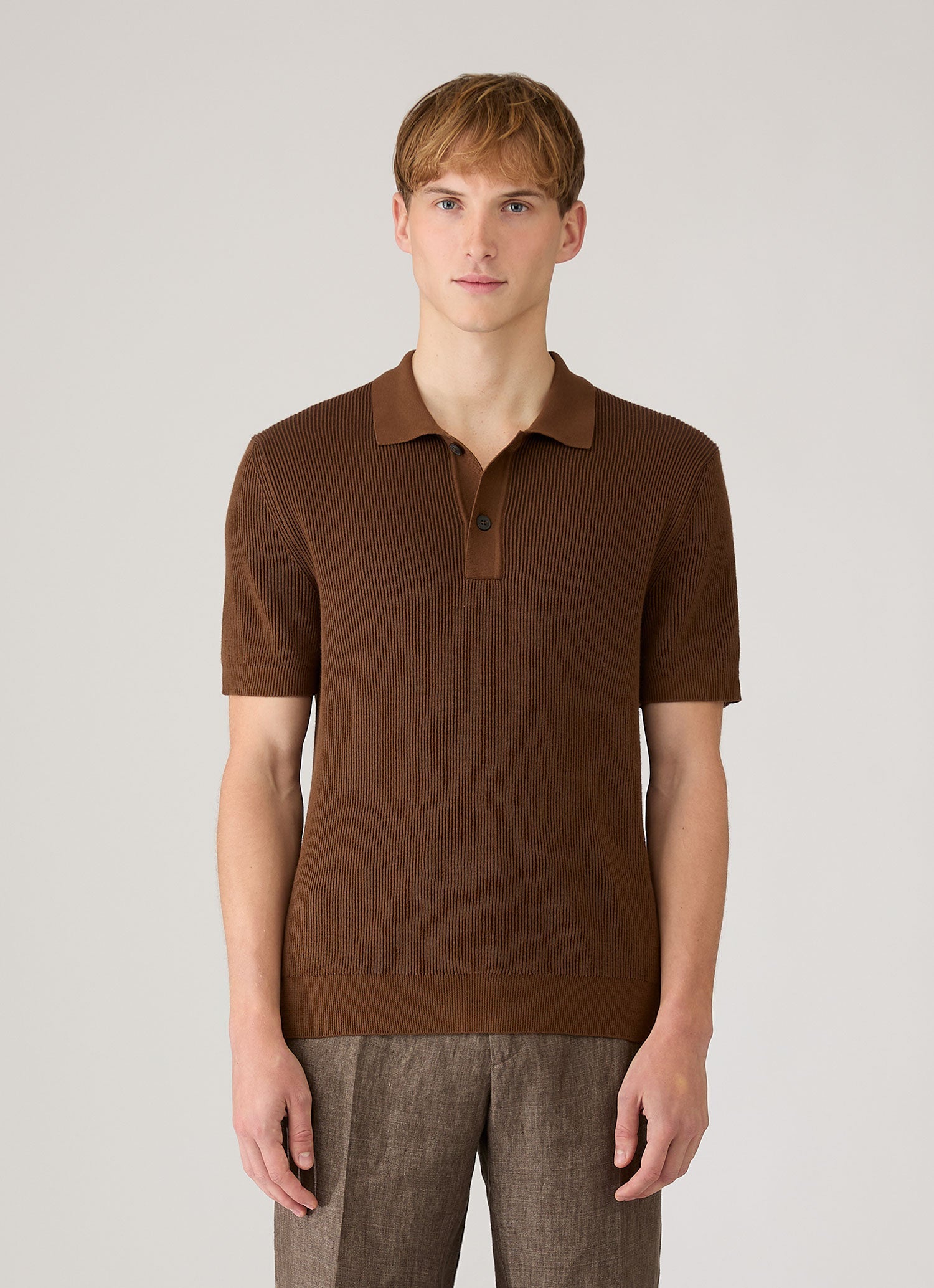 Men's Contrast Rib Polo Shirt in Bronze | Sunspel