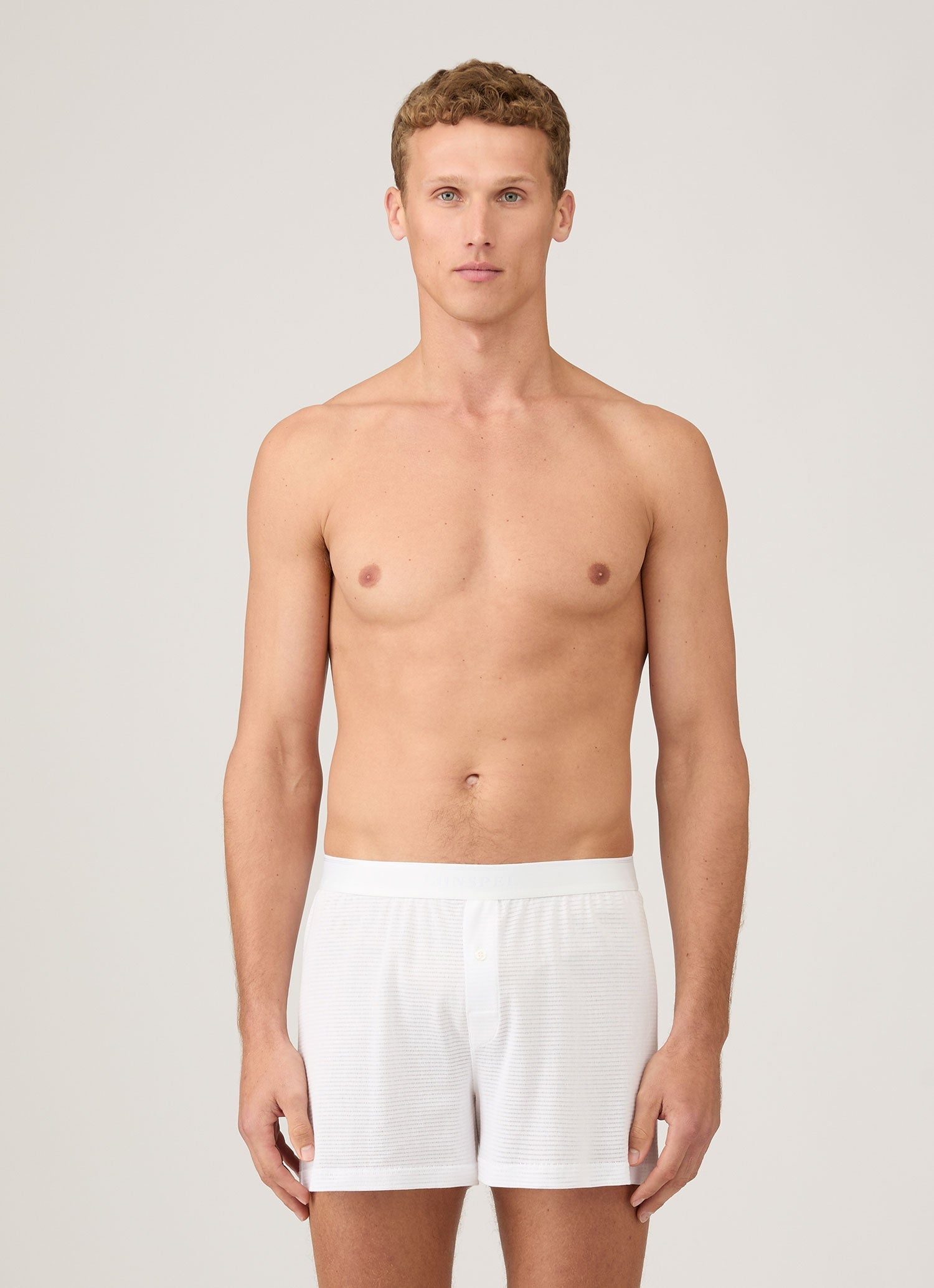 Men's Cellular Cotton One-Button Boxer Short in White | Sunspel
