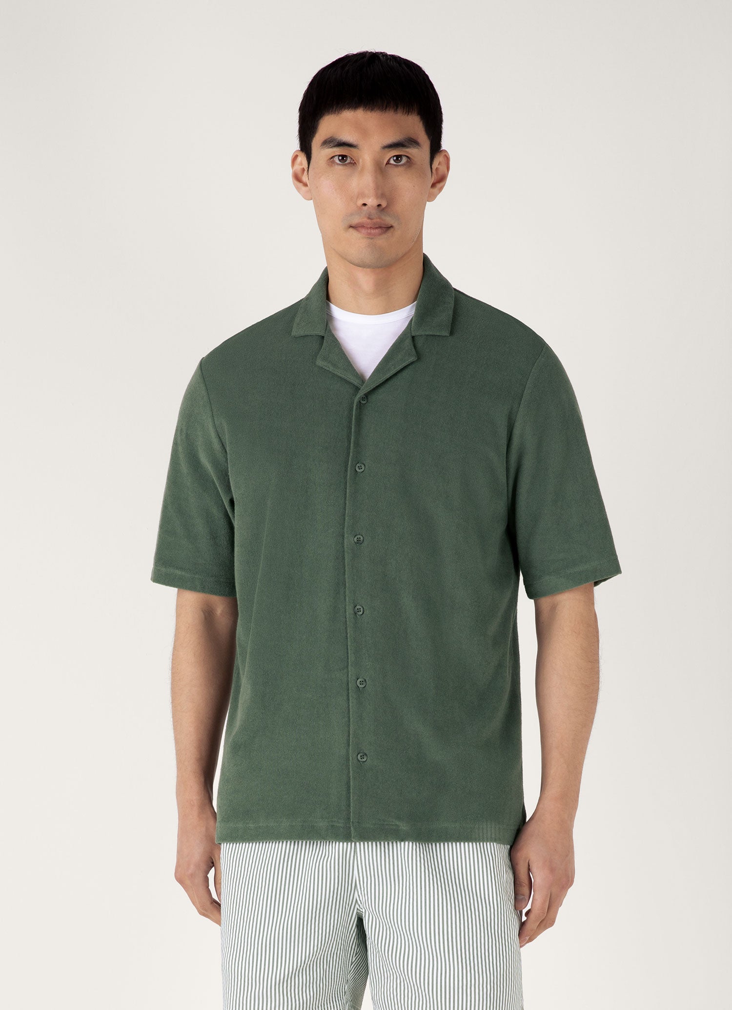 Men's Towelling Camp Collar Shirt in Dusk Green