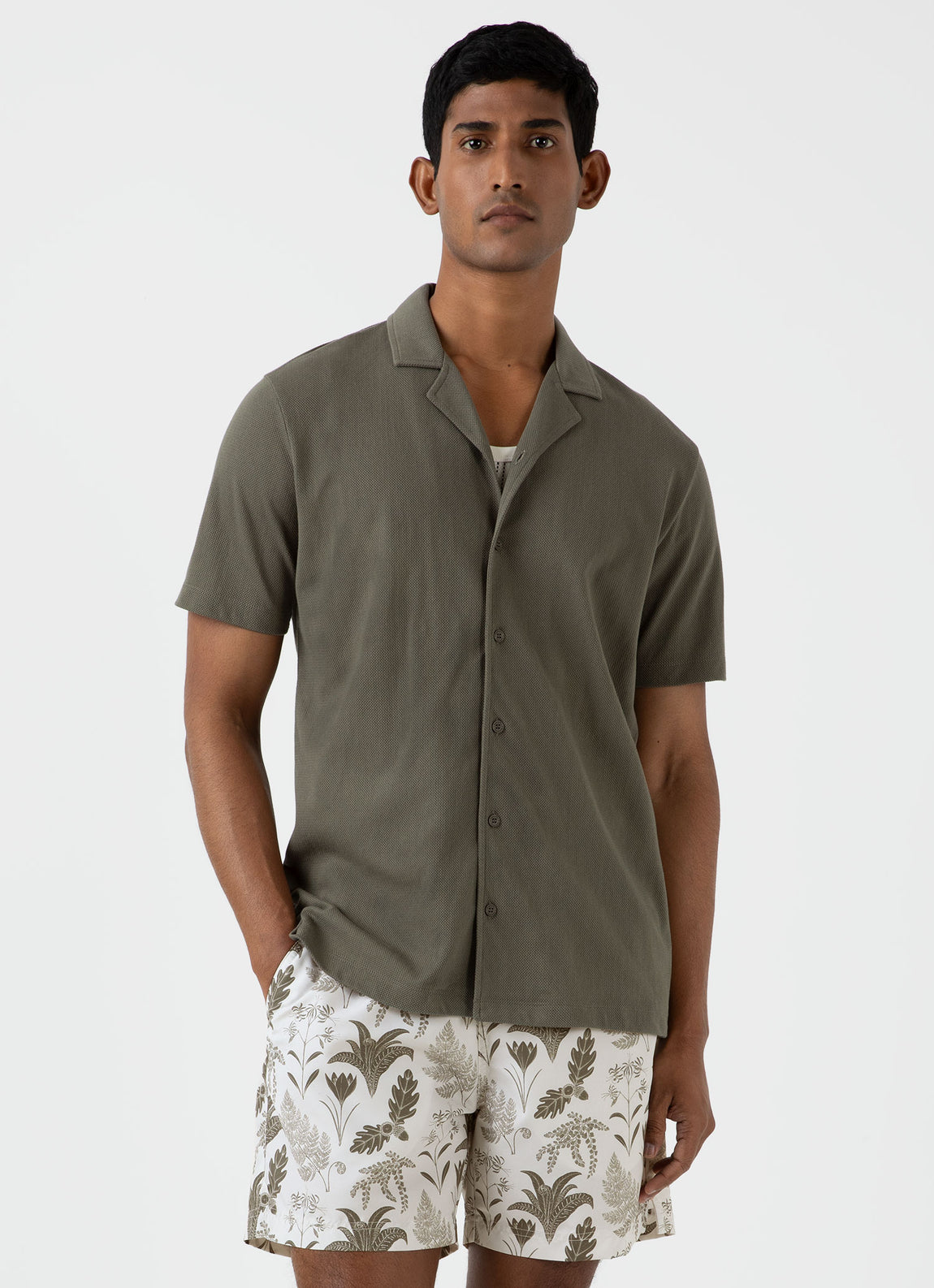 Men's Riviera Camp Collar Shirt in Khaki | Sunspel