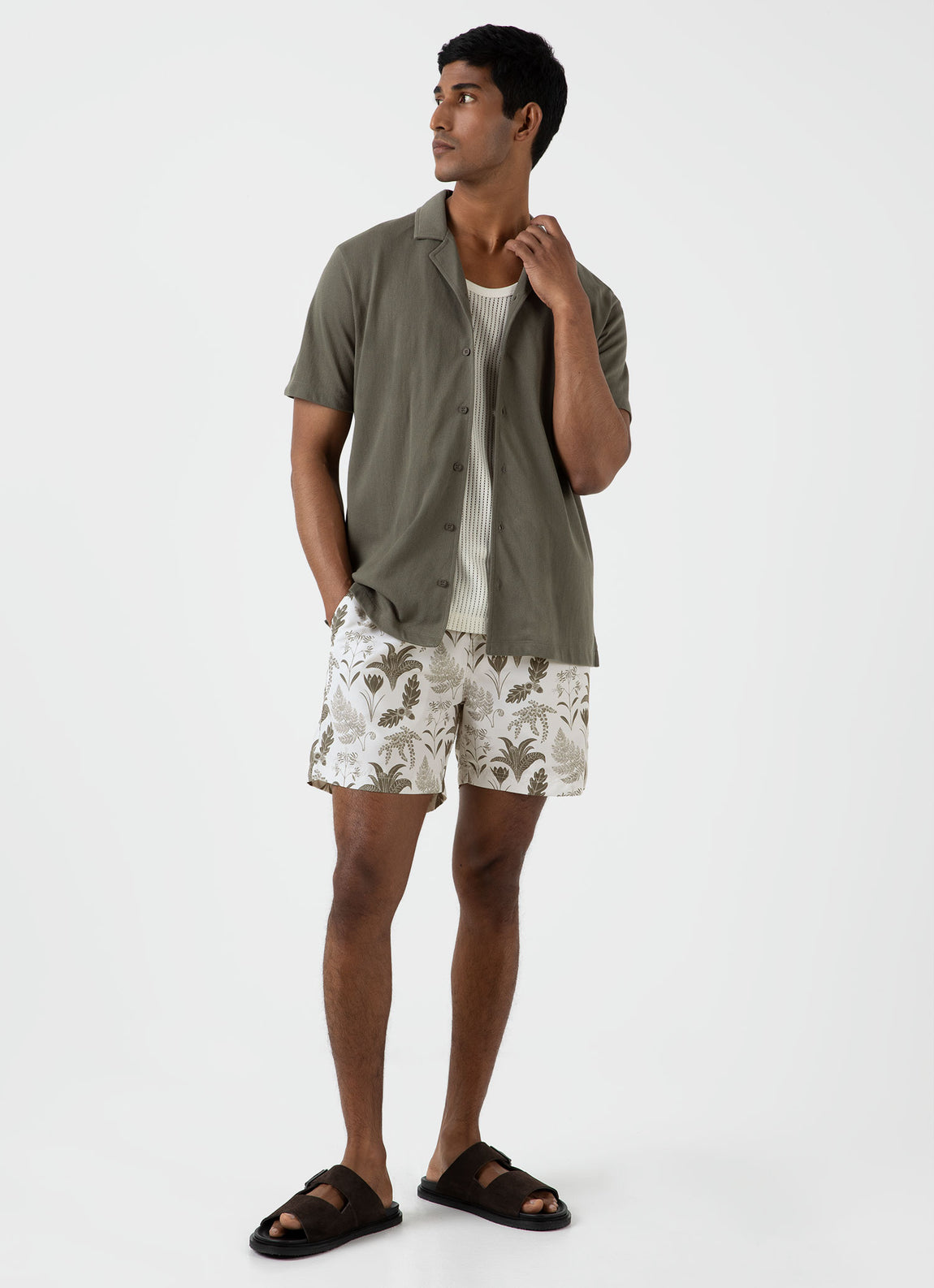 Men's Riviera Camp Collar Shirt in Khaki | Sunspel