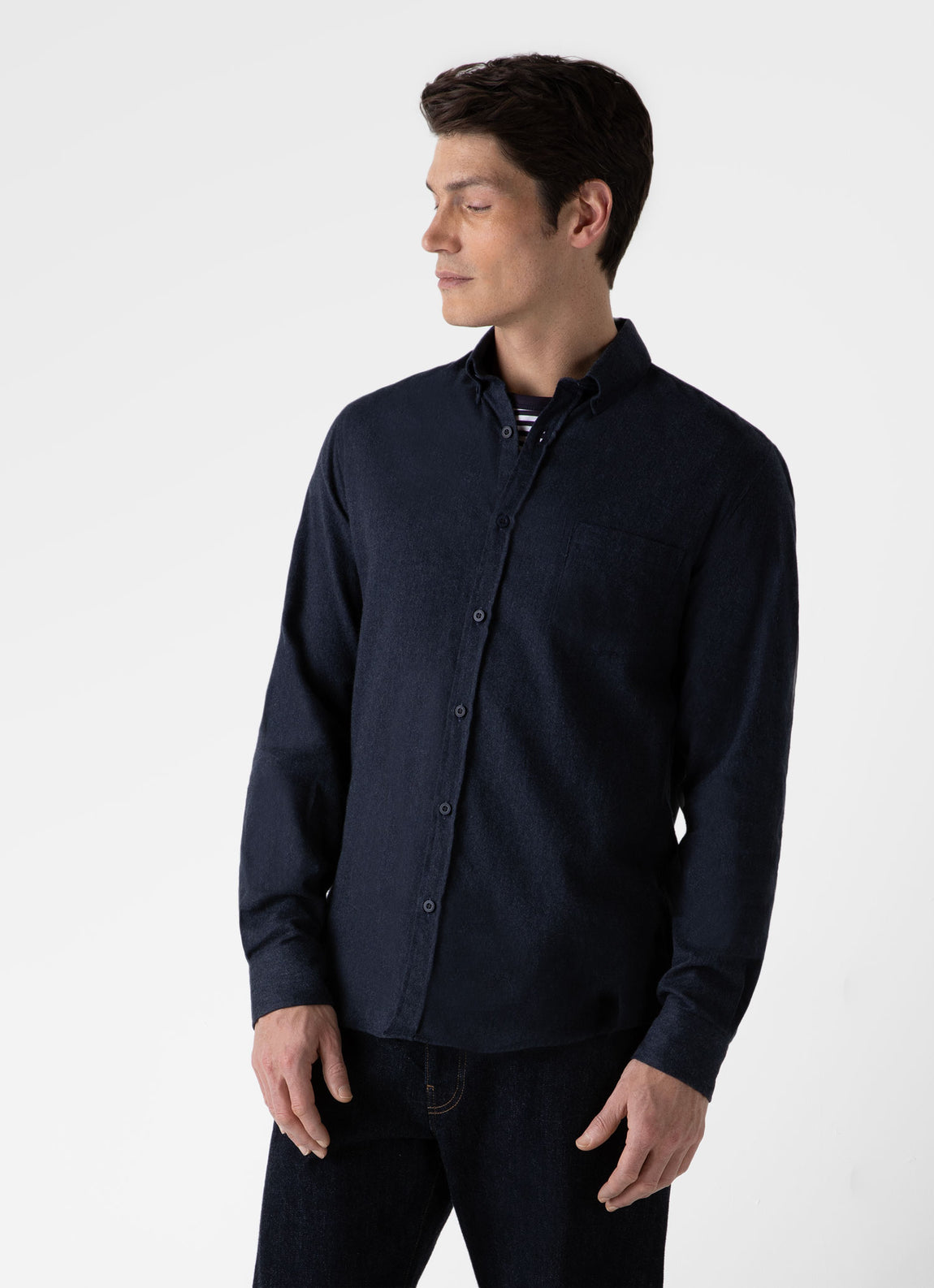 Men's Button Down Flannel Shirt in Navy Melange | Sunspel