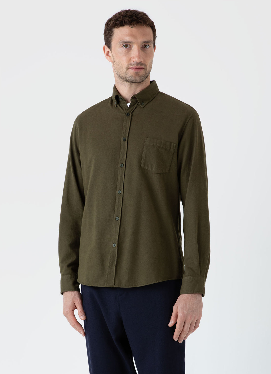 Men's Brushed Cotton Flannel Shirt in Dark Olive