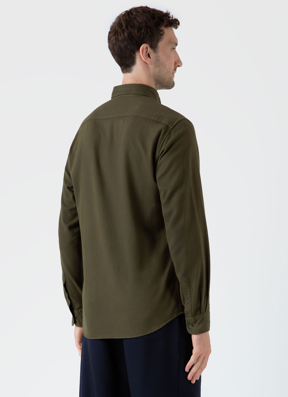 Men's Button Down Flannel Shirt in Dark Olive | Sunspel