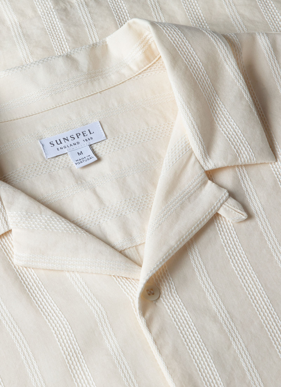 Men's Embroidered Stripe Camp Collar Shirt in Ecru | Sunspel