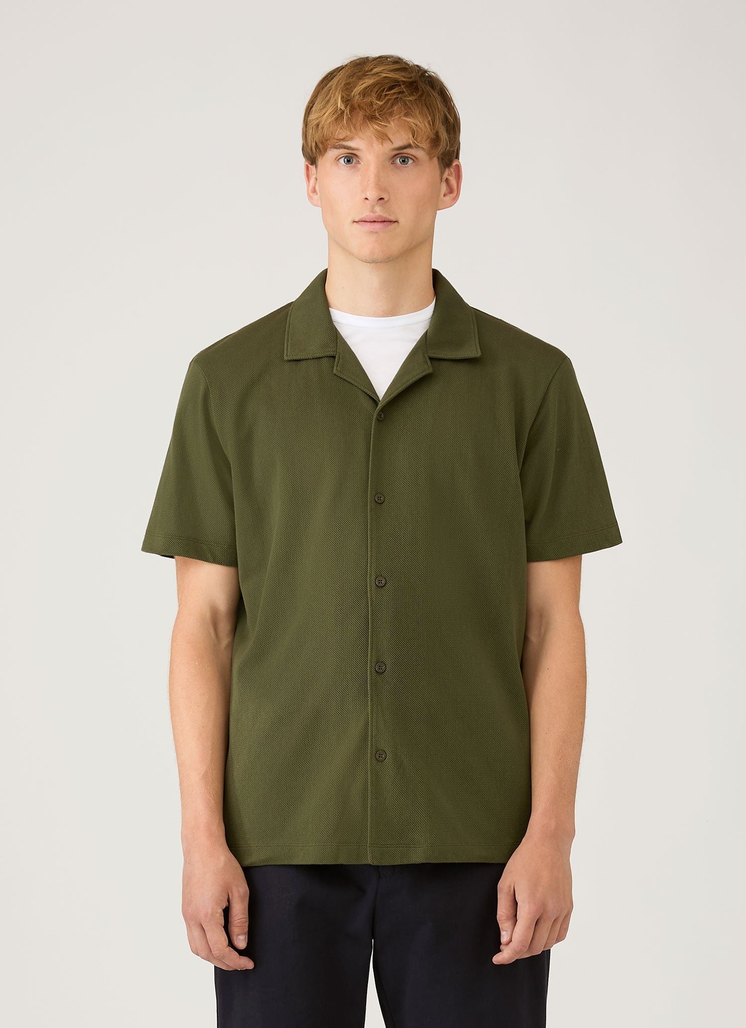 Men's Riviera Camp Collar Shirt in Deep Olive | Sunspel