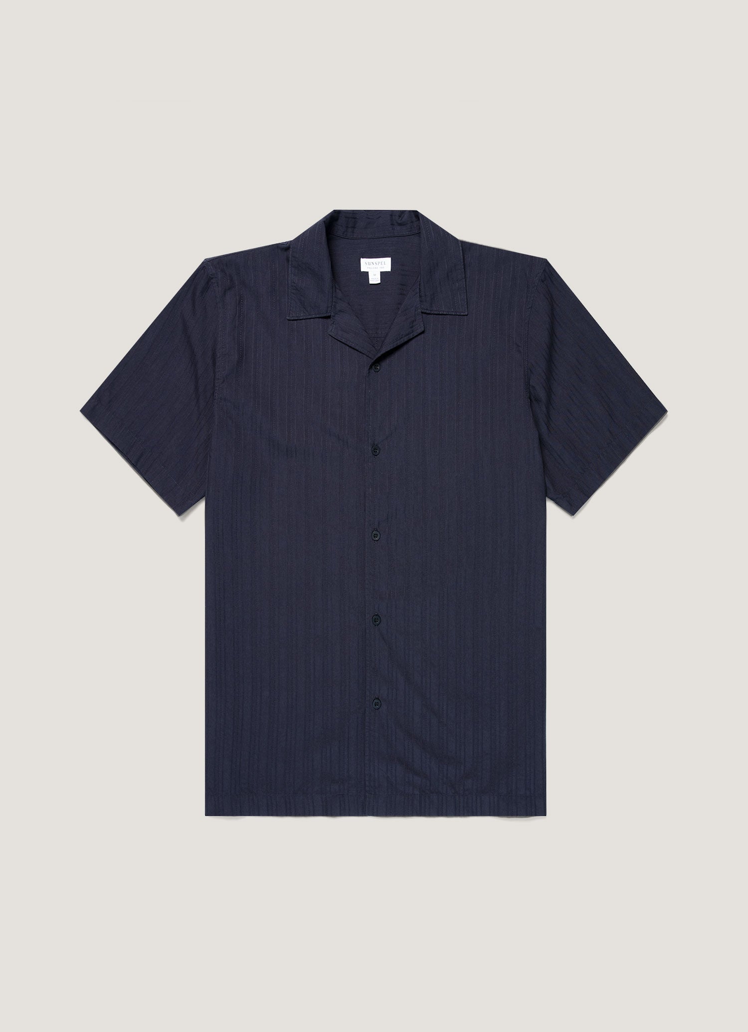 Men's Textured Stripe Camp Collar Shirt in Navy | Sunspel