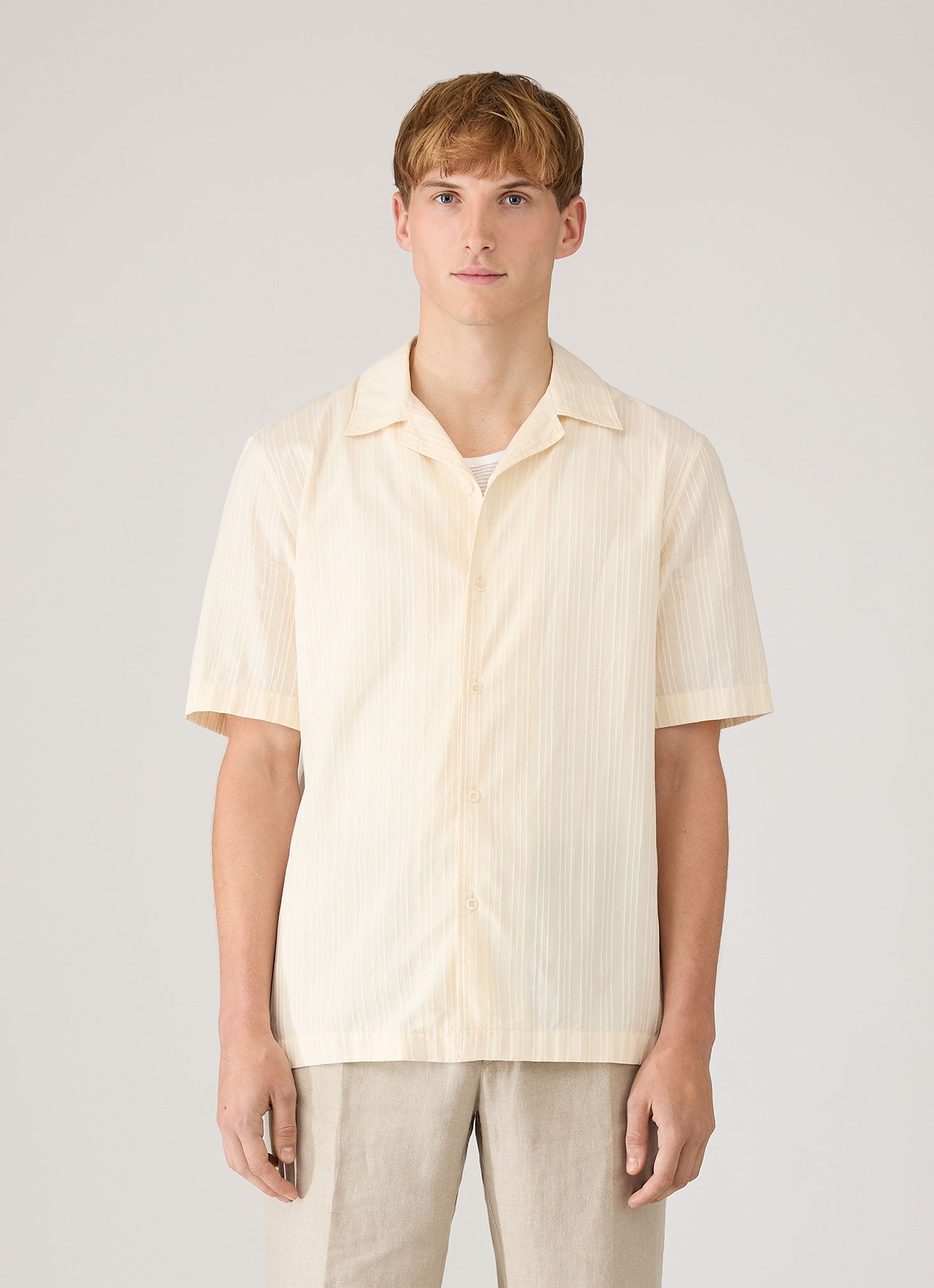 Men's Textured Stripe Camp Collar Shirt in Ecru | Sunspel