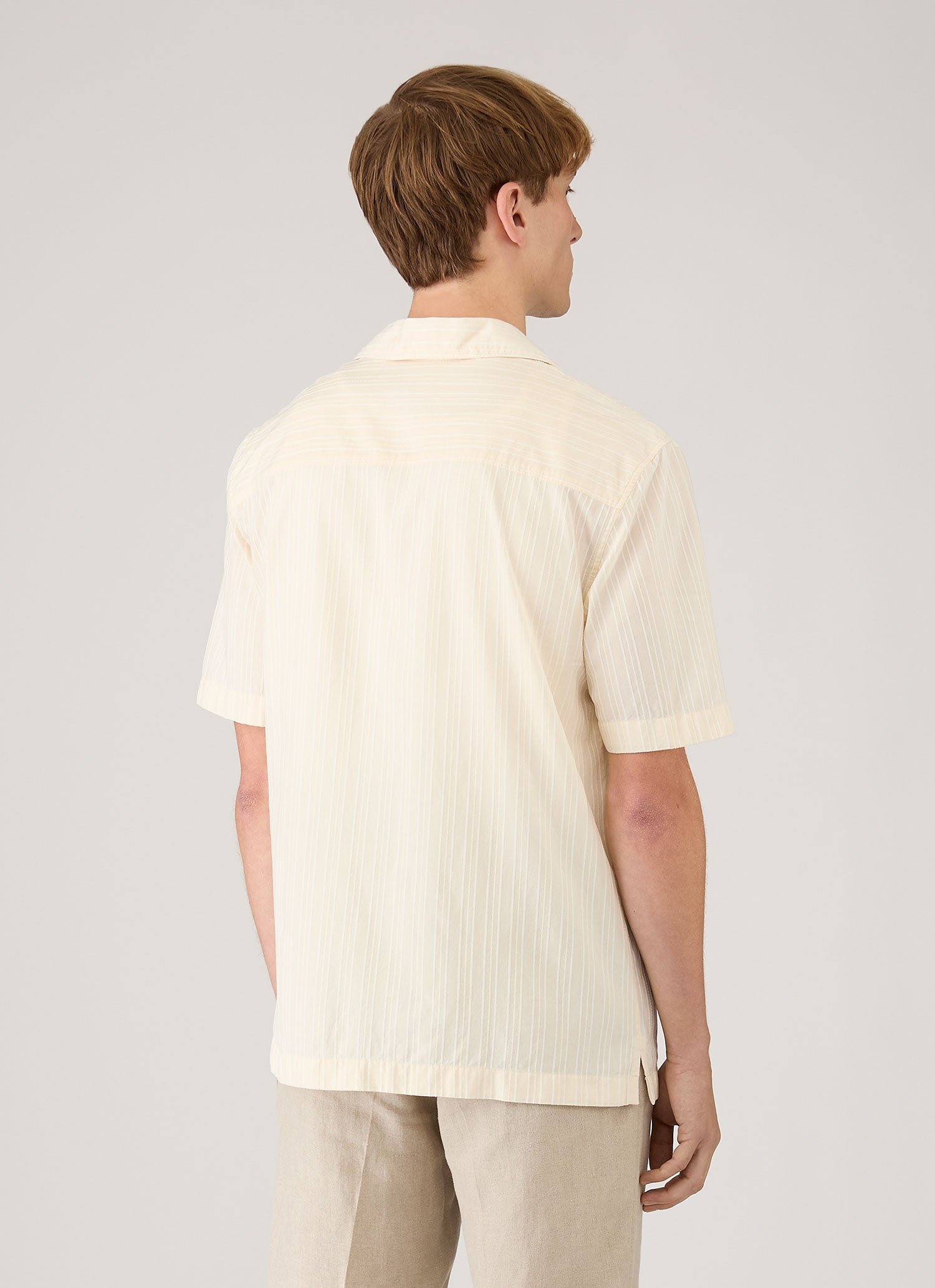 Men's Textured Stripe Camp Collar Shirt in Ecru | Sunspel
