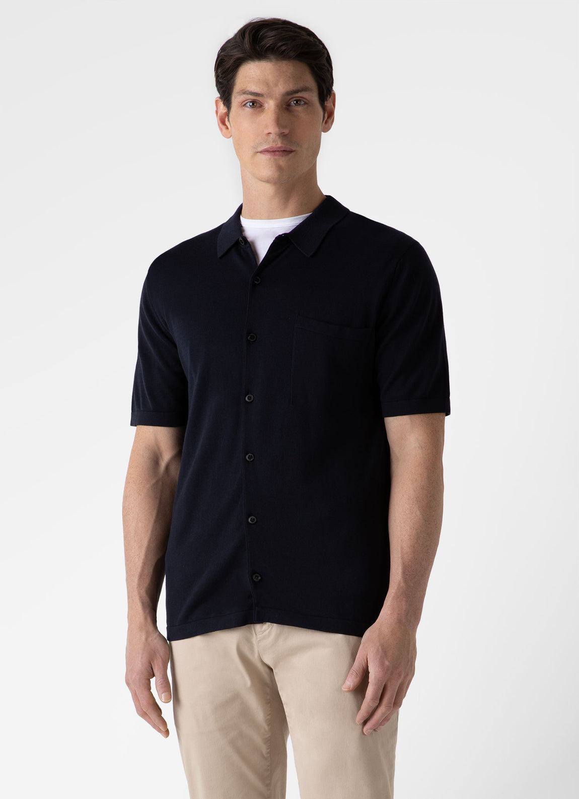 Men's Sea Island Cotton Knit Short Sleeve Shirt in Light Navy | Sunspel