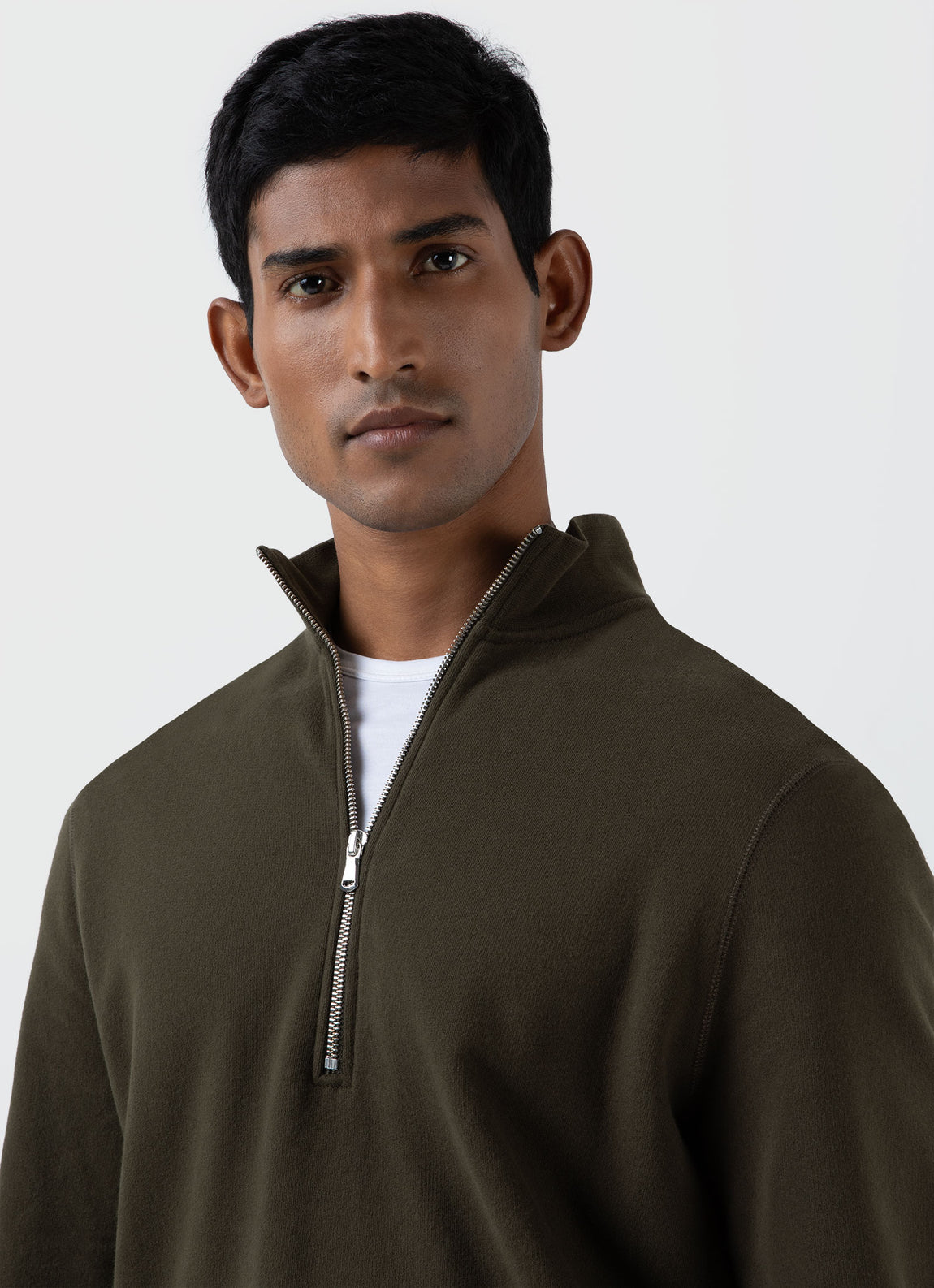 Men's Half Zip Loopback Sweatshirt in Dark Olive | Sunspel