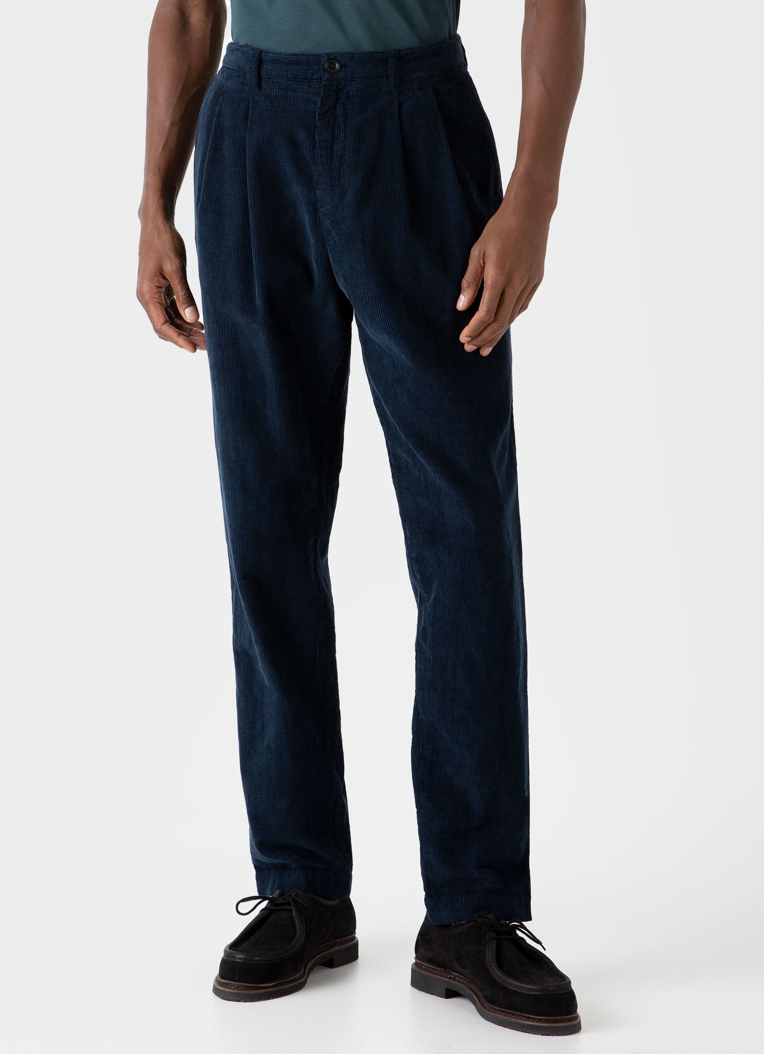 Men's Double Pleat Corduroy Trouser in Navy Sunspel