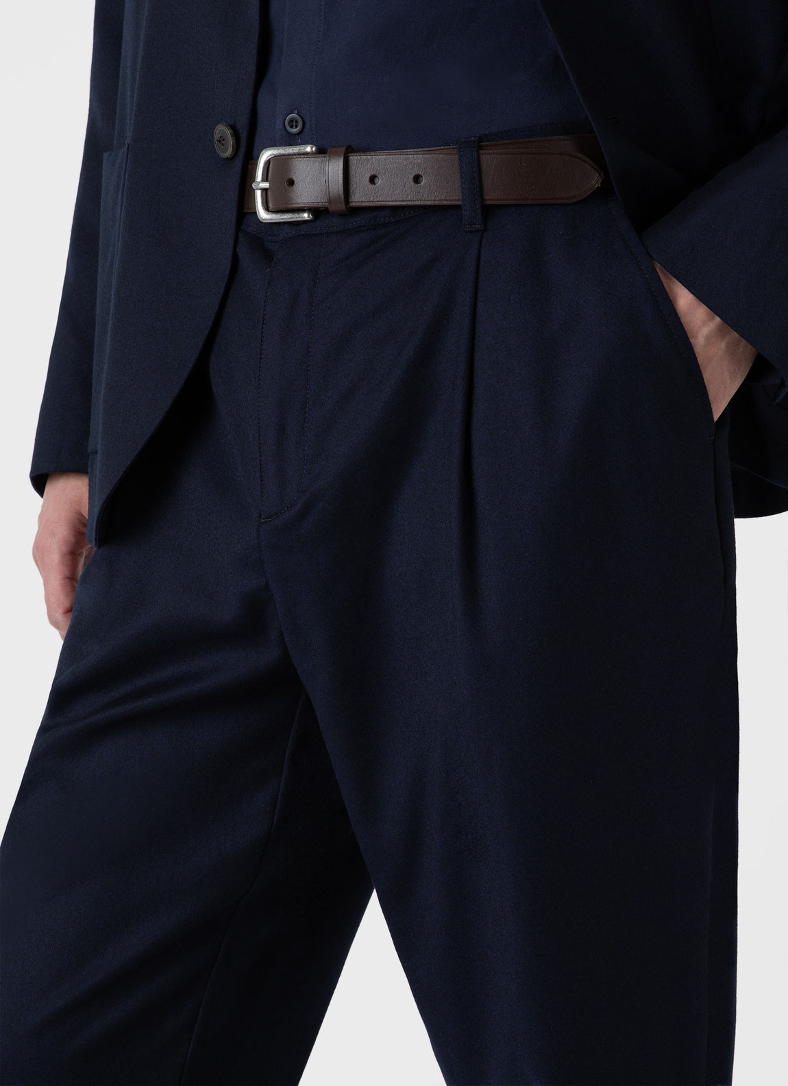 Men's Pleated Wool Flannel Trouser in Navy Melange