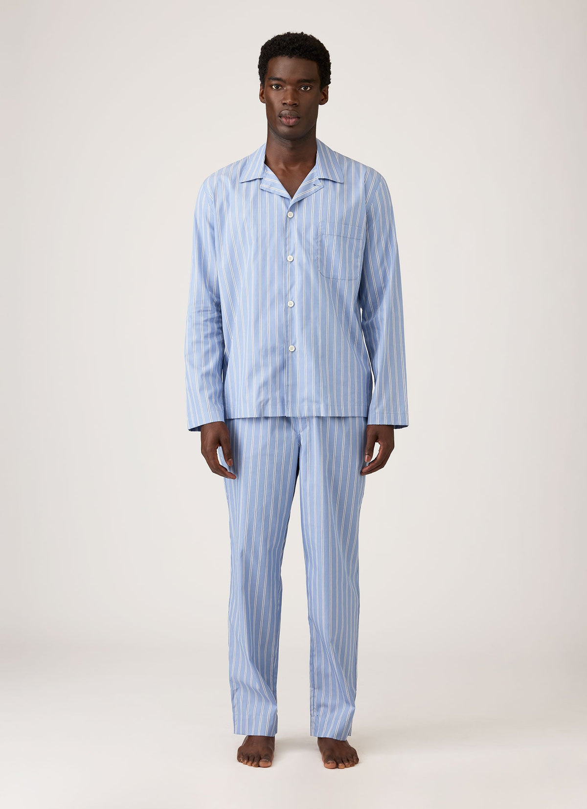 Men's Cotton Poplin Pyjama Trouser in Mid Blue Wide Stripe
