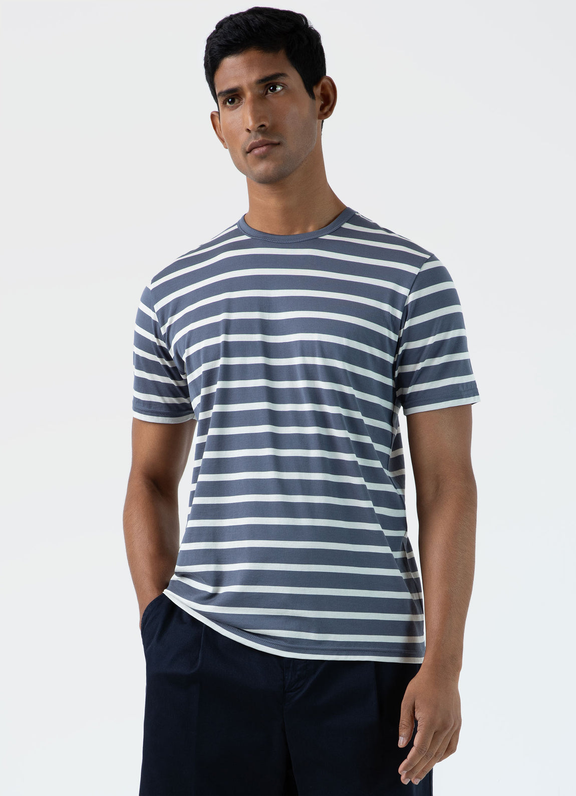 Men's Classic T-shirt in Slate Blue/Ecru Breton Stripe | Sunspel