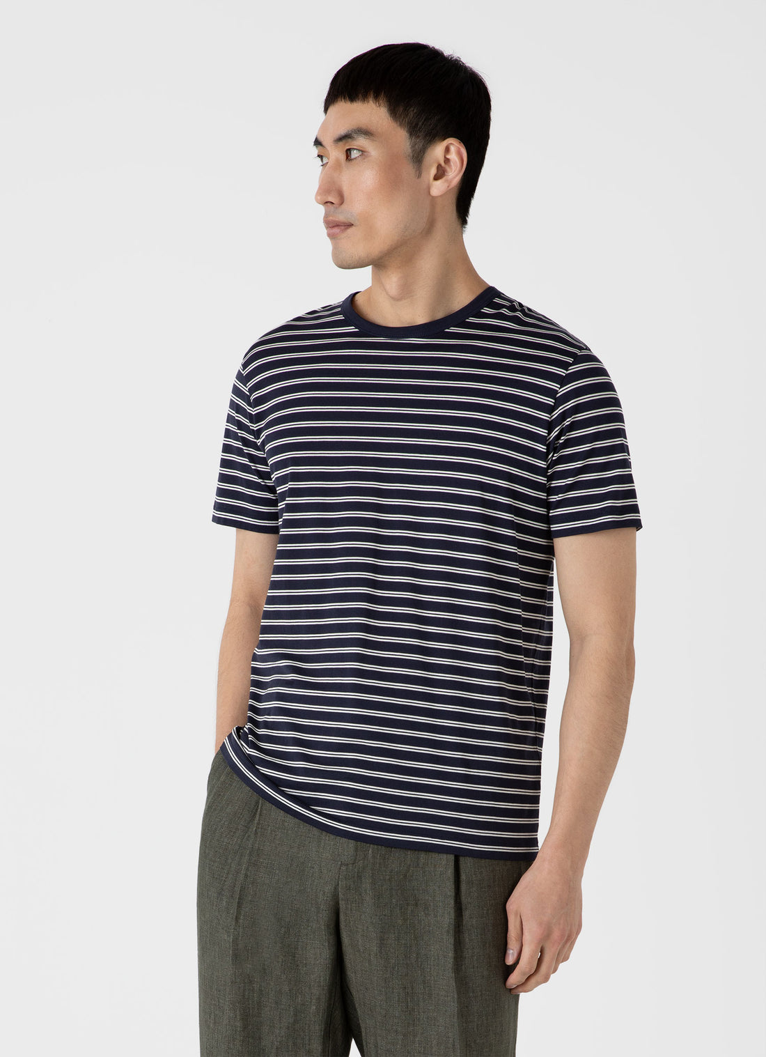 Men's Classic T-shirt in Navy/Ecru Tramline Stripe