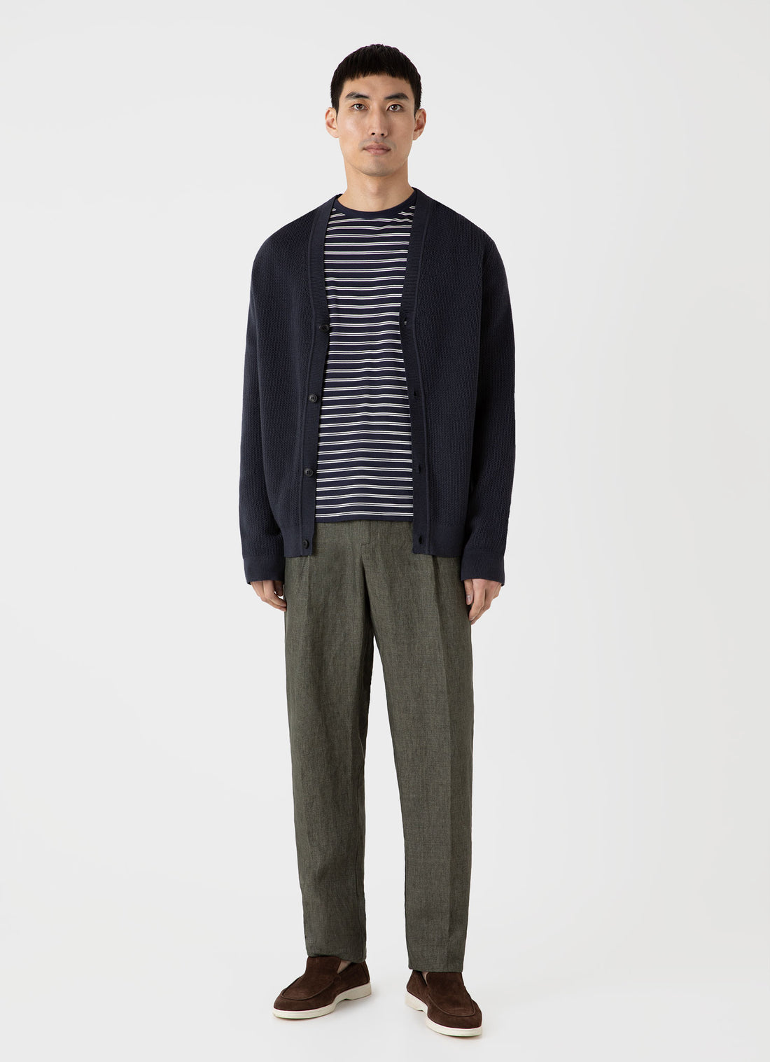 Men's Classic T-shirt in Navy/Ecru Tramline Stripe