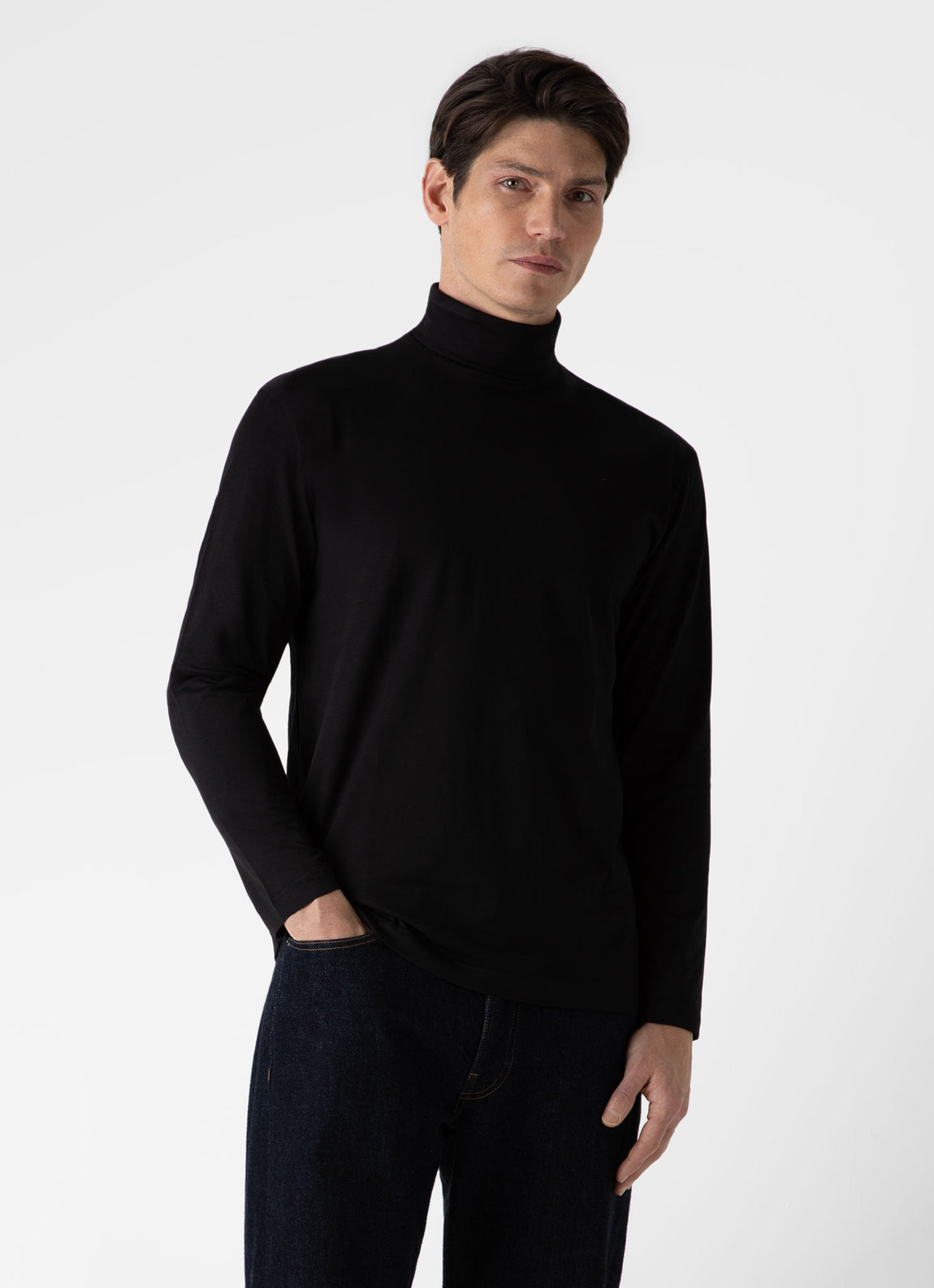 Men's Long Sleeve Roll Neck T-shirt in Black | Sunspel