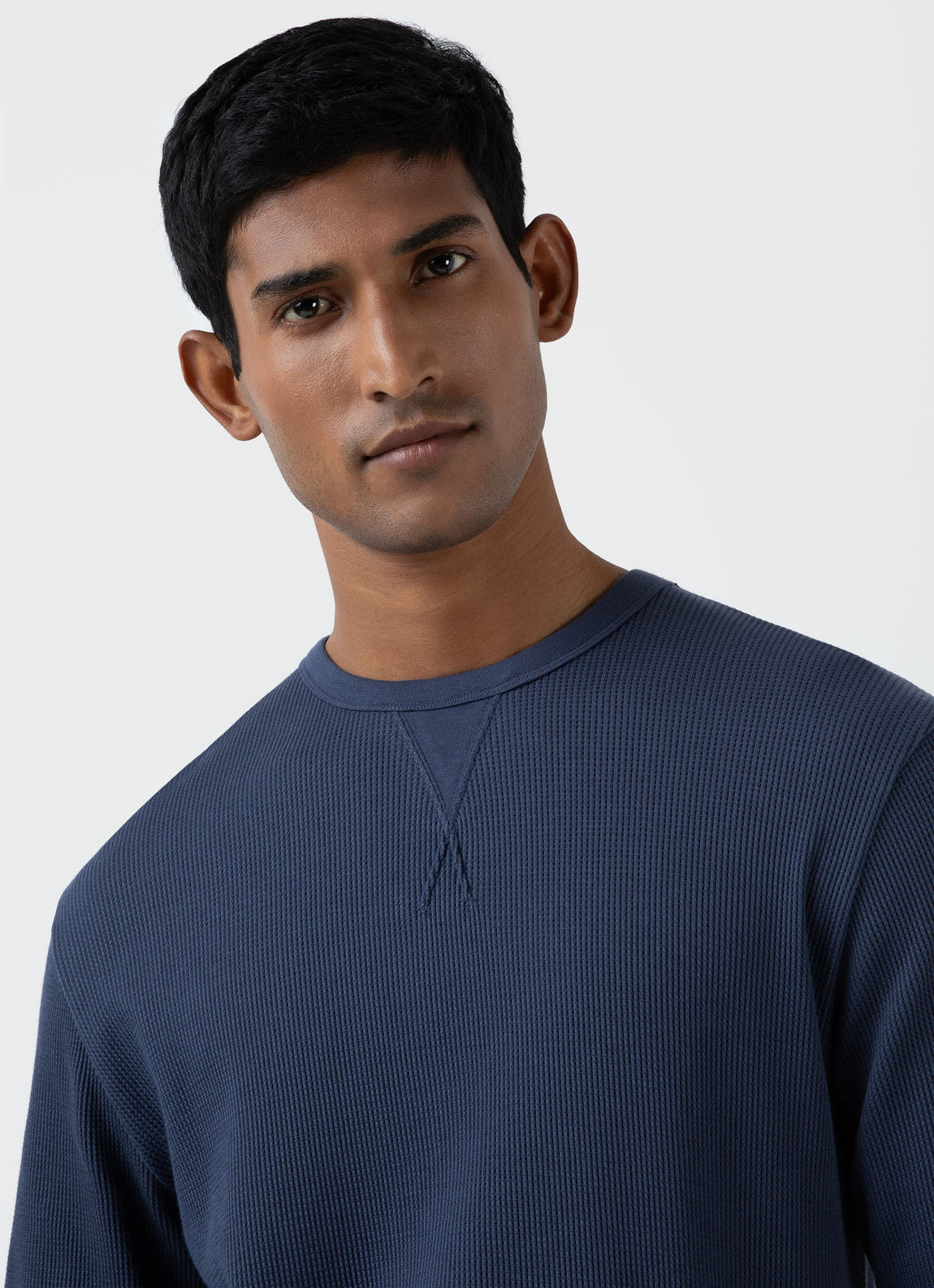 Men's Long Sleeve Waffle T-shirt in Slate Blue | Sunspel