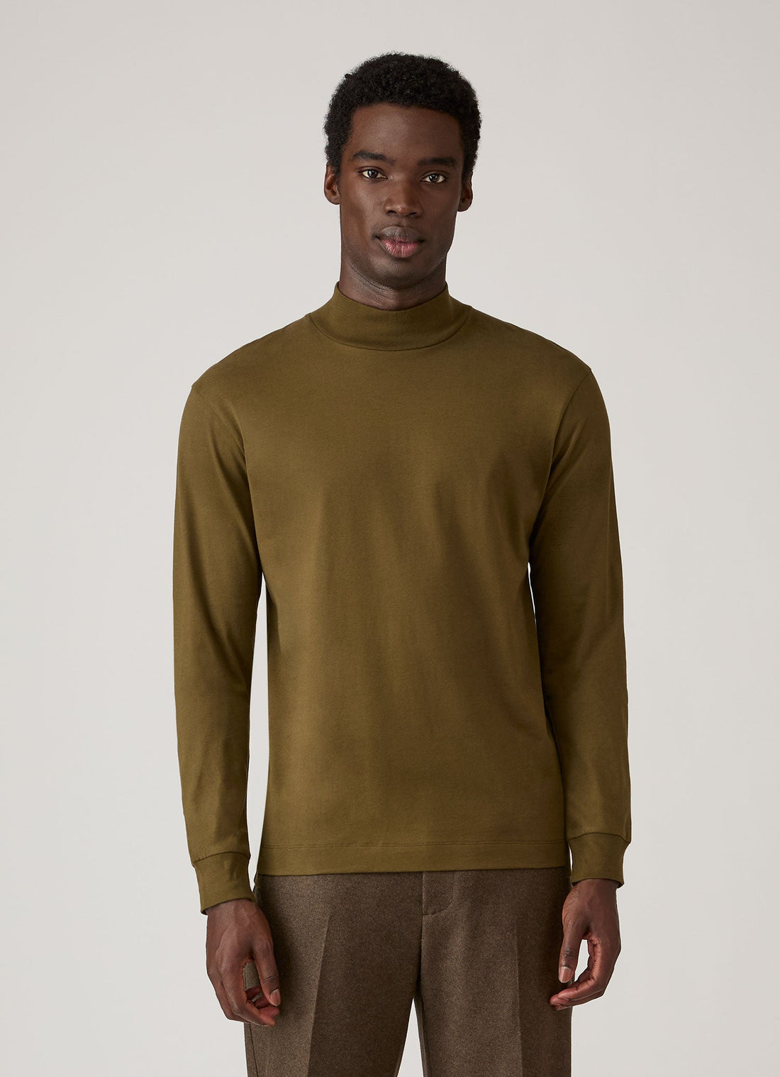 Men's Long Sleeve Brushed Cotton Mock Neck T-shirt in Loden Green