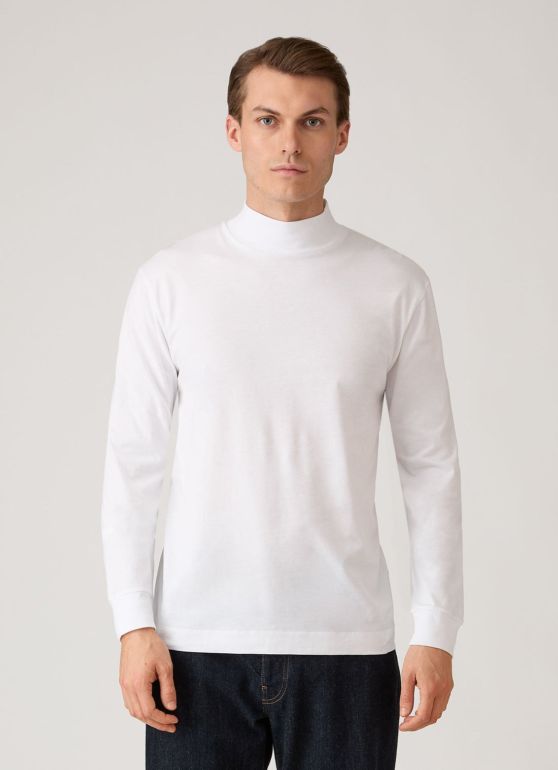Men's Long Sleeve Brushed Cotton Mock Neck T-shirt in White