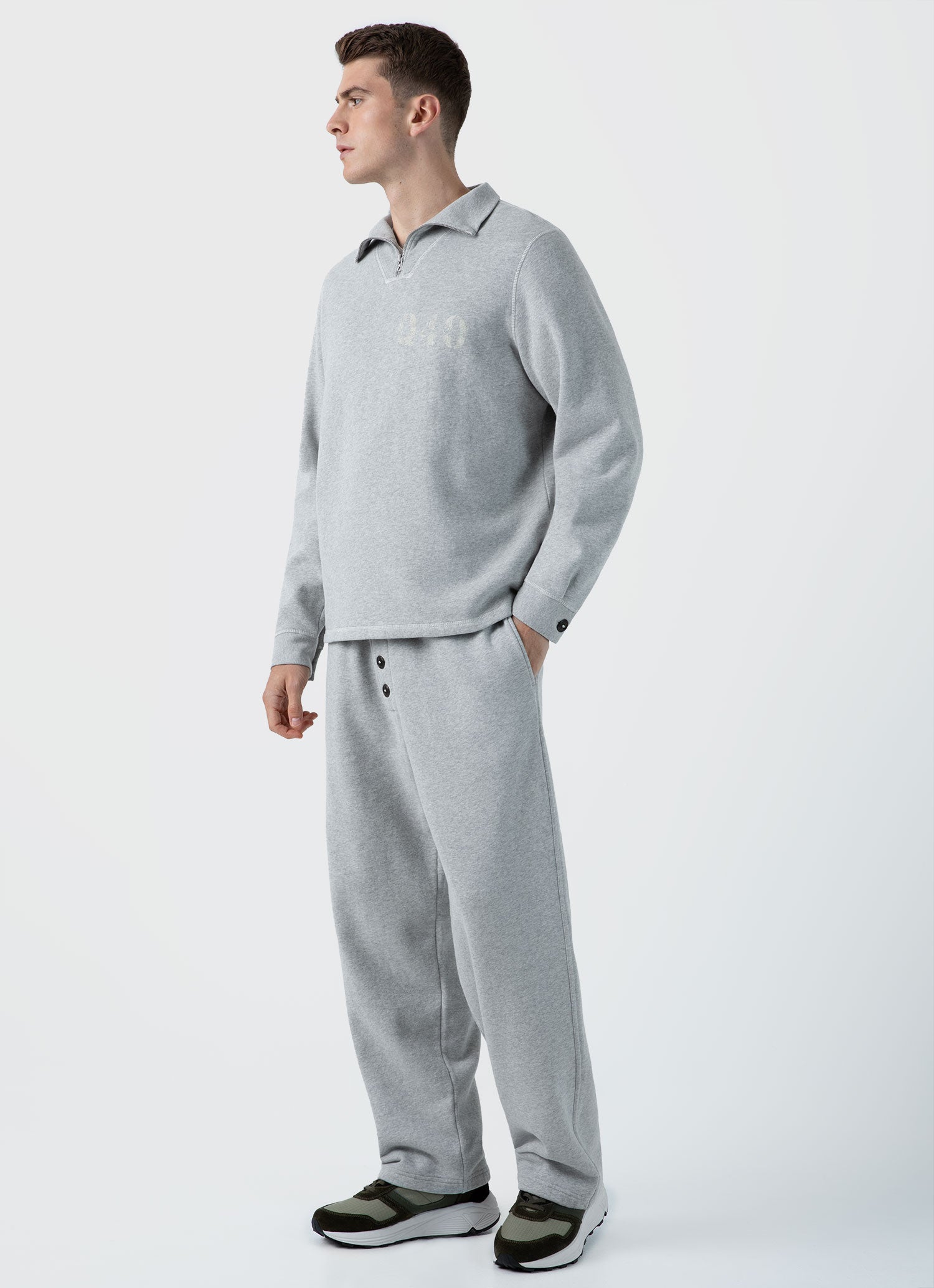 Men's Sunspel x Nigel Cabourn Half Zip Sweatshirt in Light Grey Melange