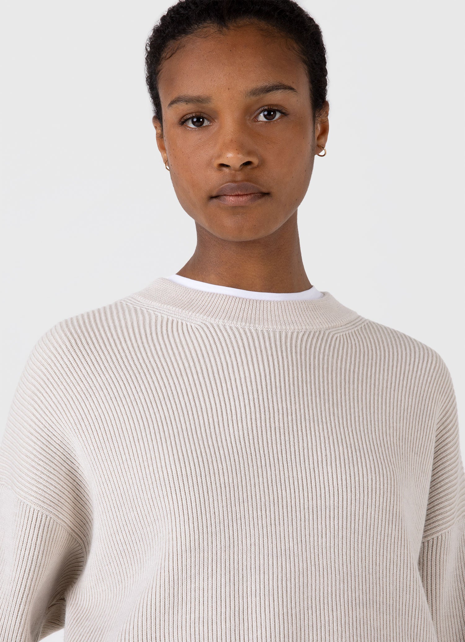 Women's Ribbed Crew Neck Jumper in Ecru | Sunspel