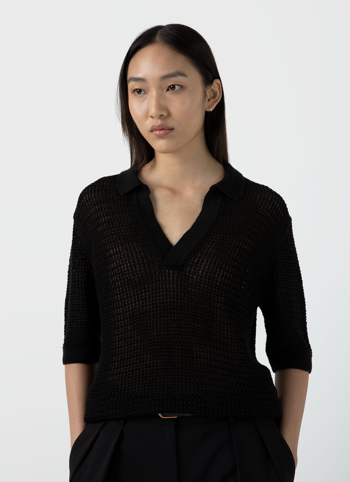 Women's Linen Mesh Polo Shirt in Black