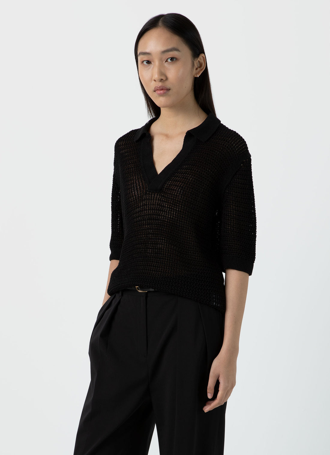 Women's Linen Mesh Polo Shirt in Black