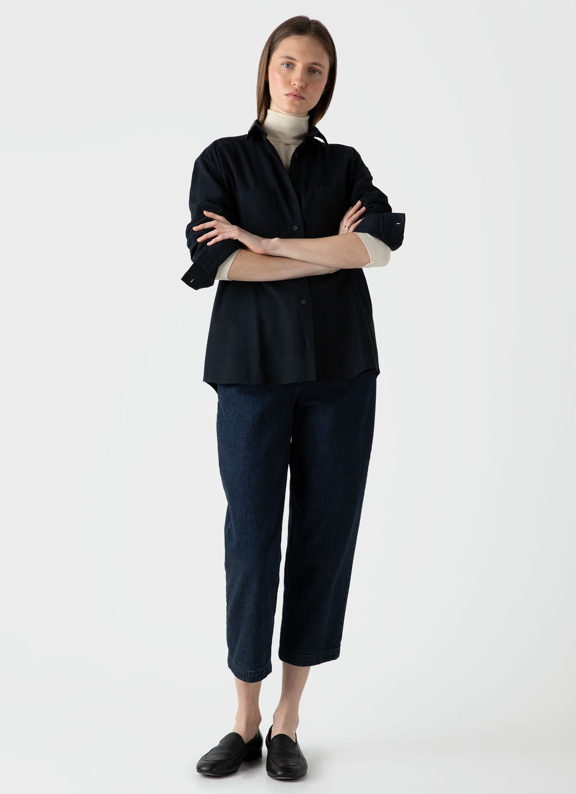 Women's Oversized Flannel Shirt in Black | Sunspel