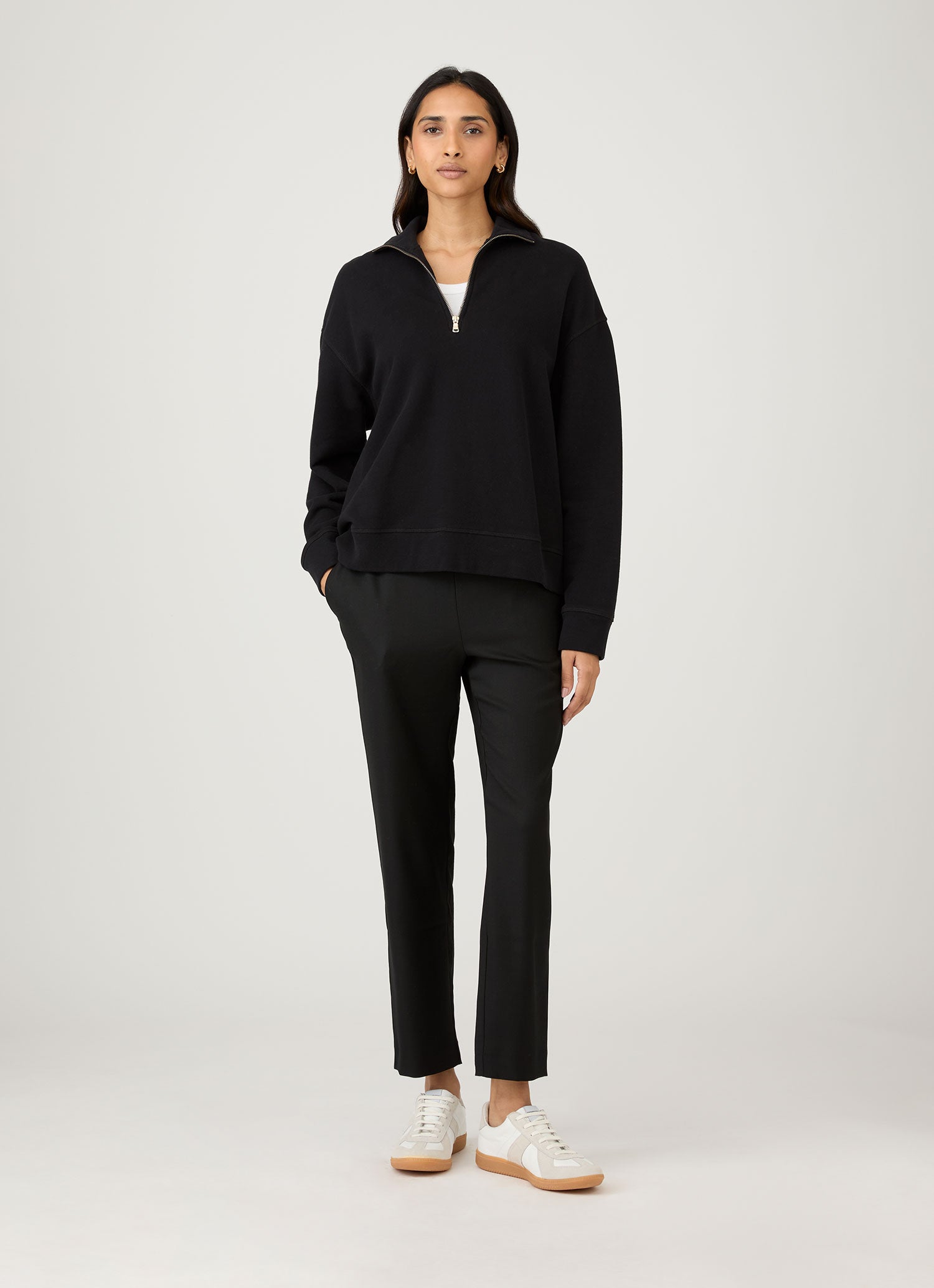 Women's Half Zip Loopback Sweatshirt in Black | Sunspel