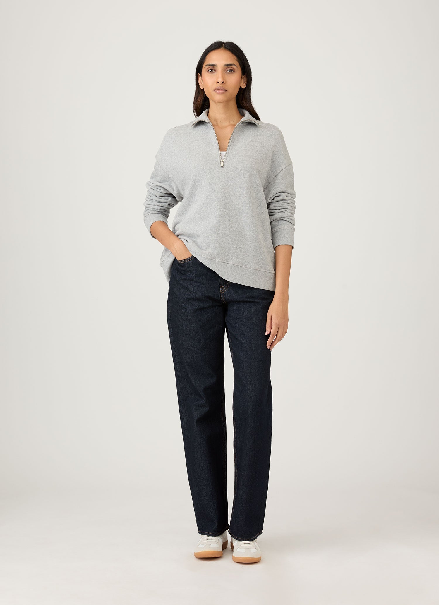 Women's Half Zip Loopback Sweatshirt in Grey Melange | Sunspel