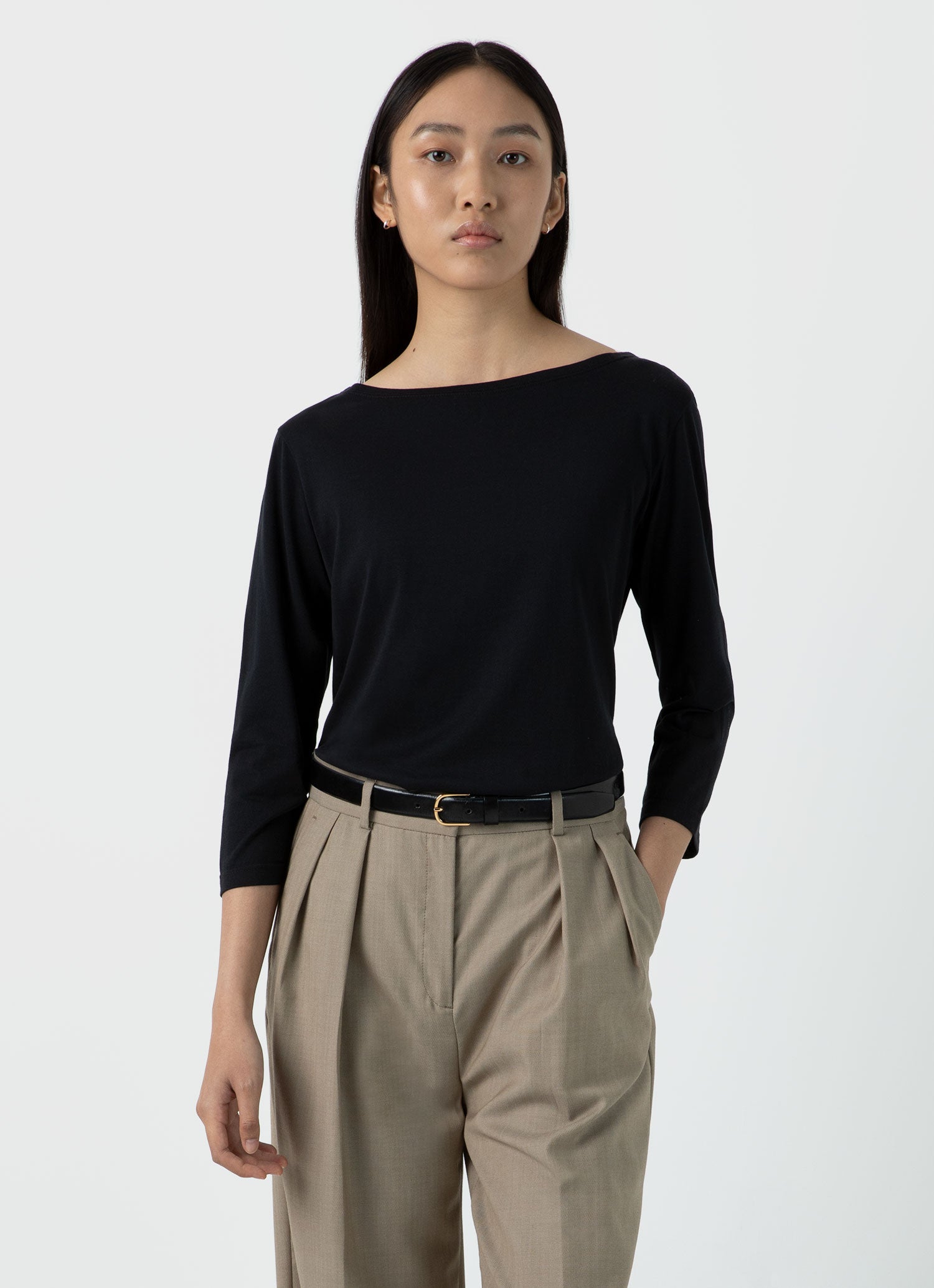 Women's 3/4 Sleeve Boat Neck T-shirt in Black | Sunspel