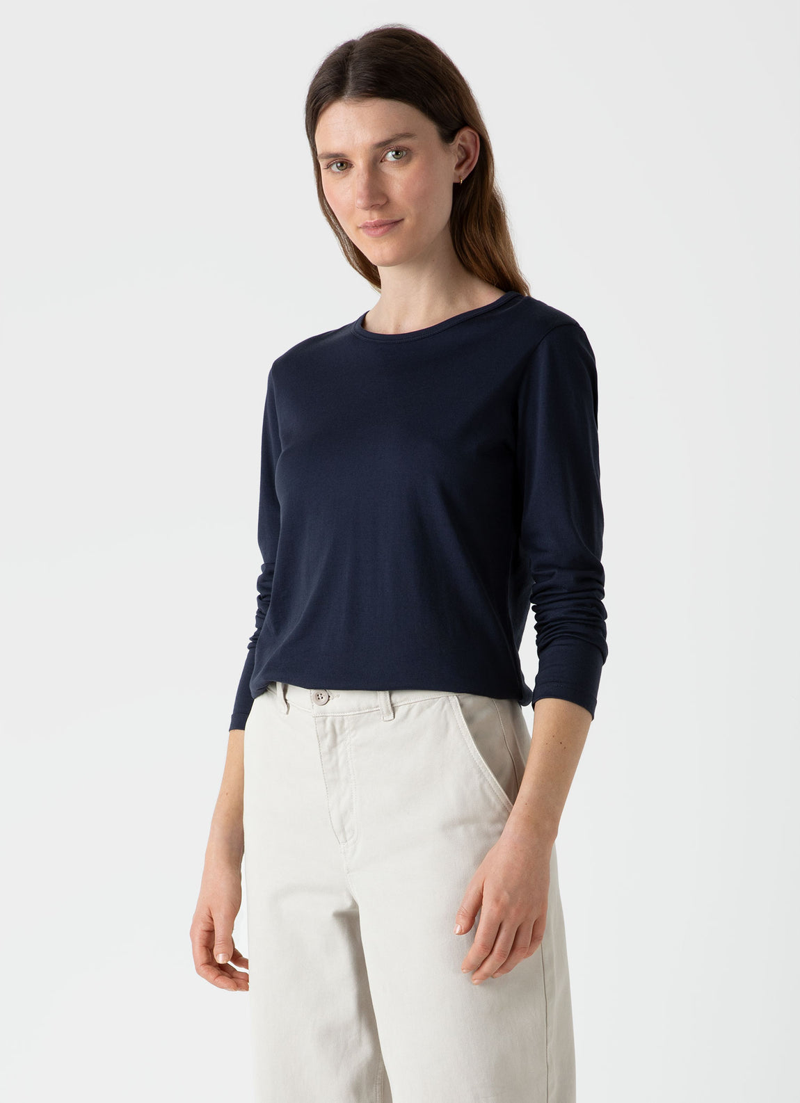 Women's Long Sleeve Classic T-shirt in Navy | Sunspel