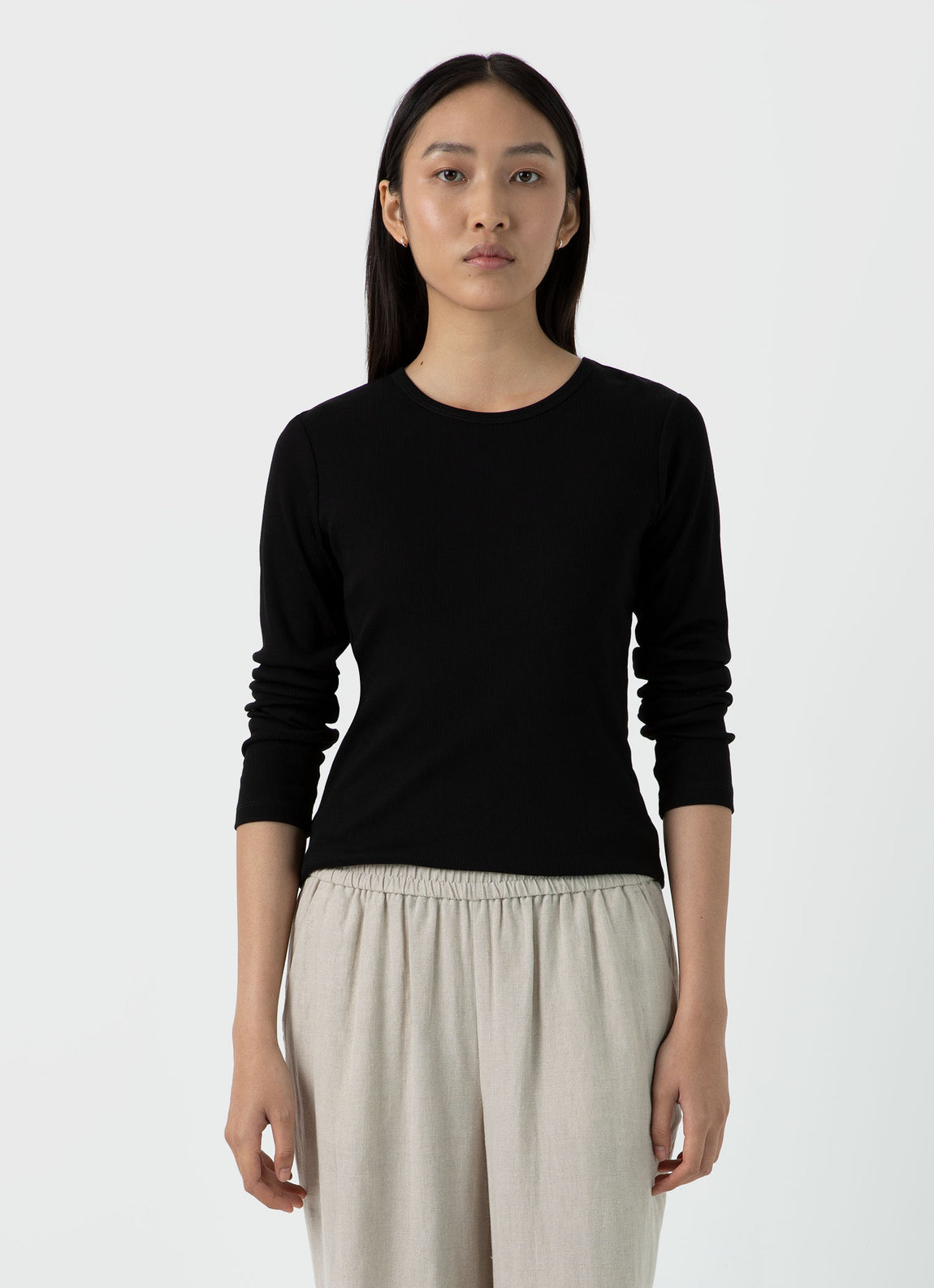 Women's Ribbed Long Sleeve T-shirt in Black | Sunspel