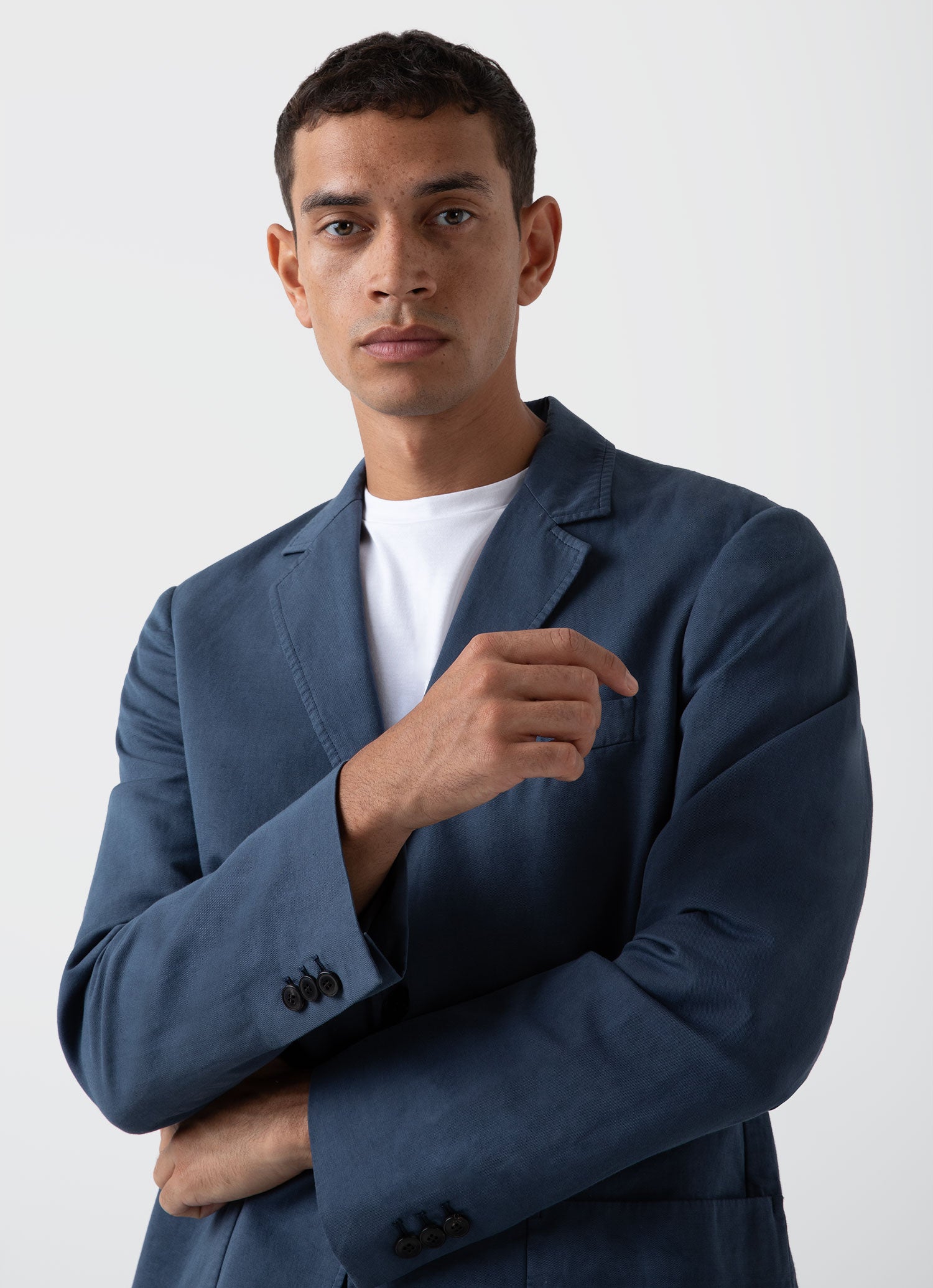 Men s Cotton Linen Unstructured Blazer in Shale Blue Sunspel