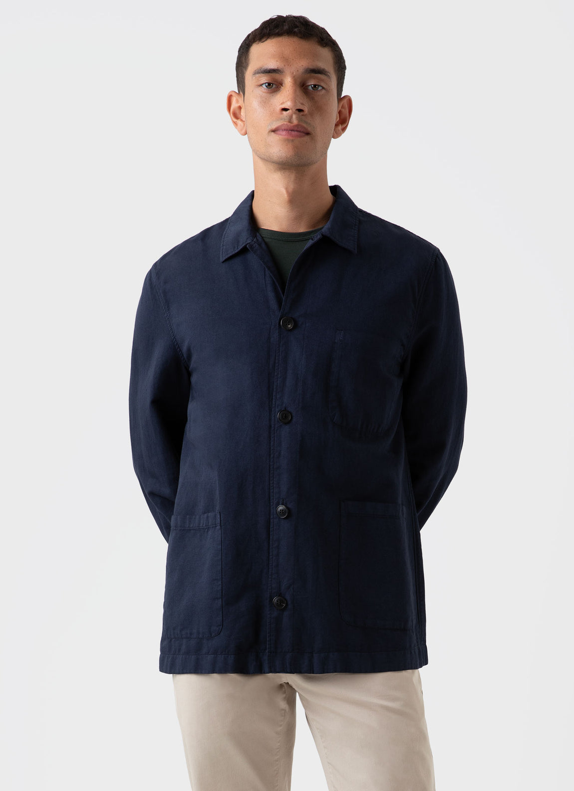 Men's Cotton Linen Twin Pocket Jacket in Navy | Sunspel