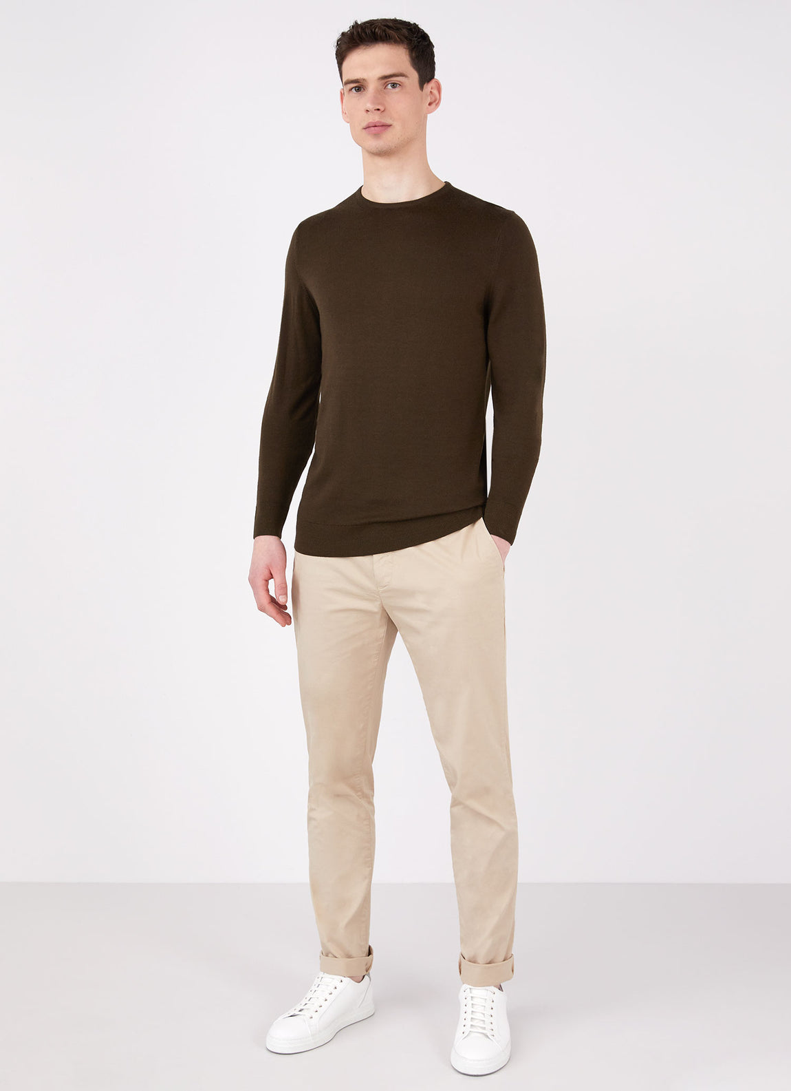 Men's Extra-Fine Merino Crew Neck in Dark Moss
