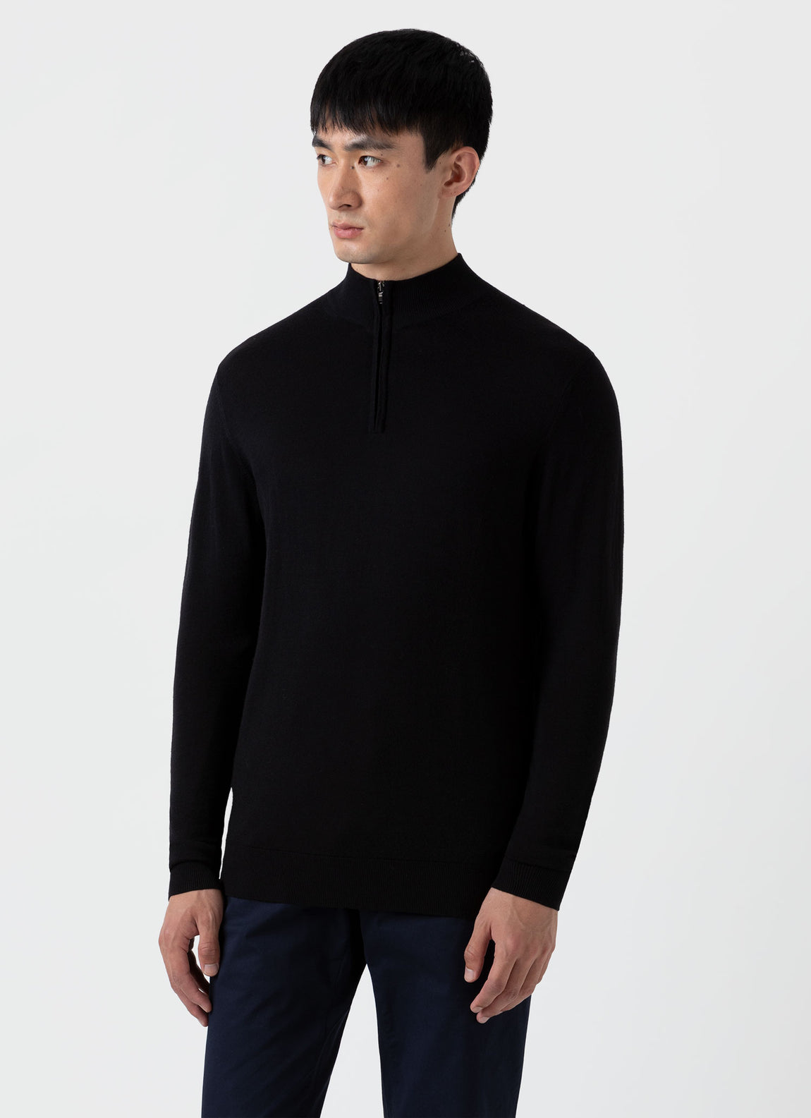 Men's Extra-Fine Merino Zip Neck in Black | Sunspel
