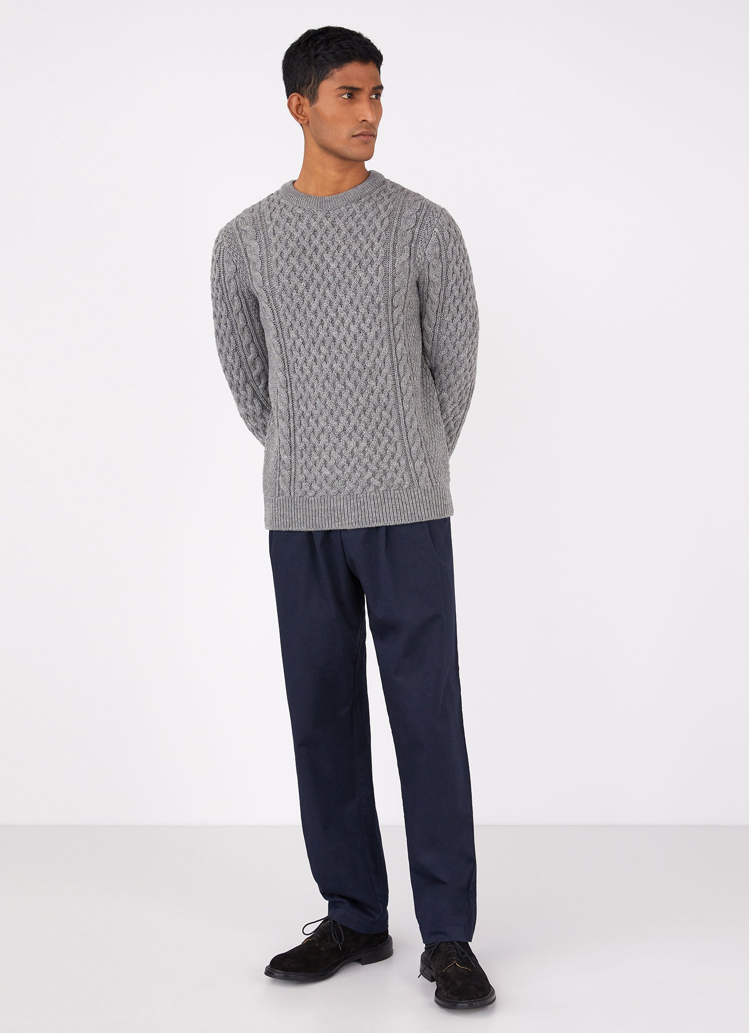 Men's Merino Cable Jumper in Grey Melange