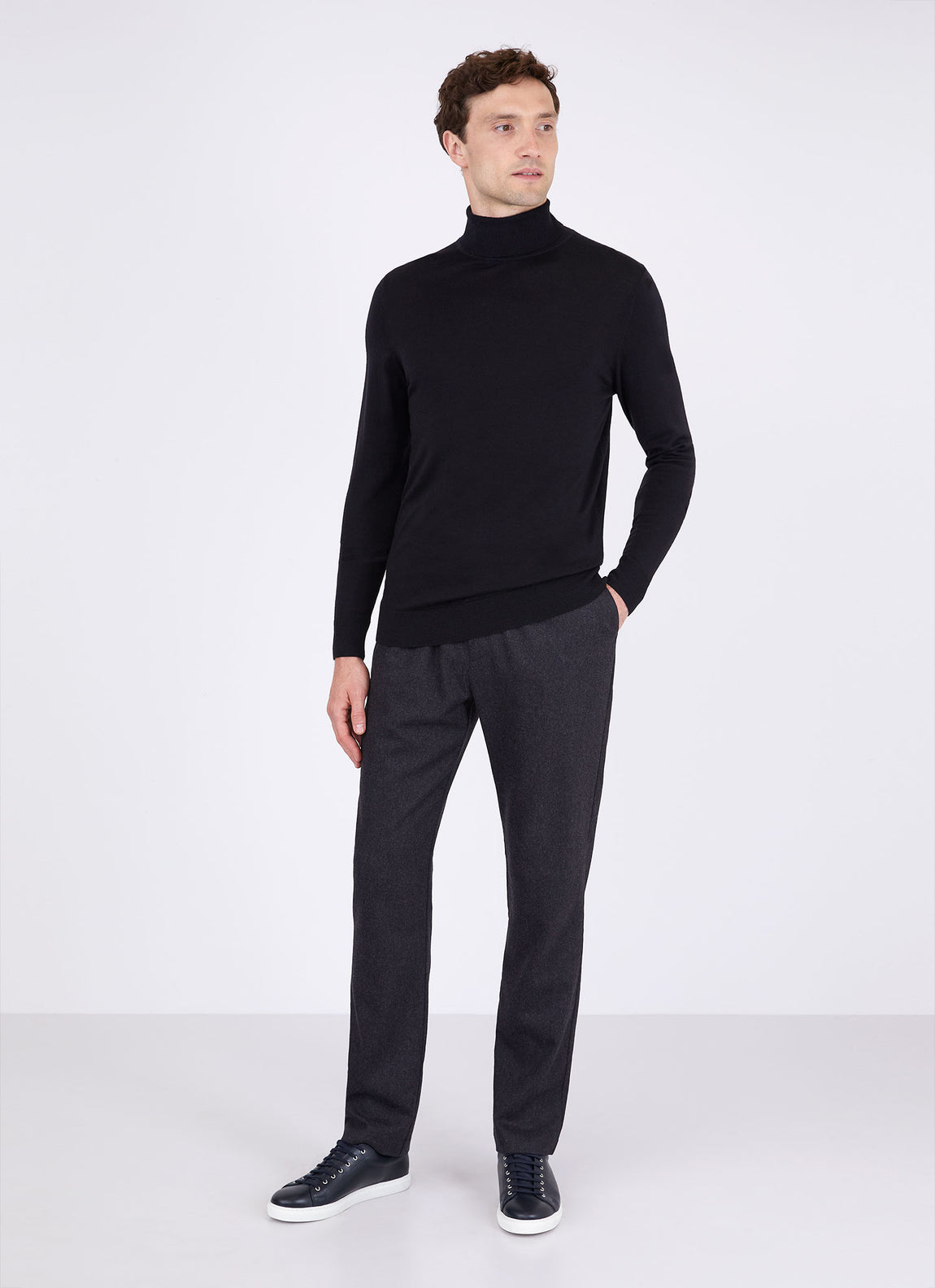 Men's Sea Island Cotton Roll Neck Sweater in Black