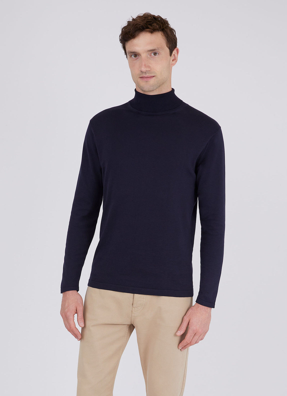 Men's Sea Island Cotton Roll Neck Sweater in Light Navy