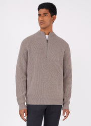 Men's Lambswool Cashmere Zip Neck Jumper in Oatmeal Melange