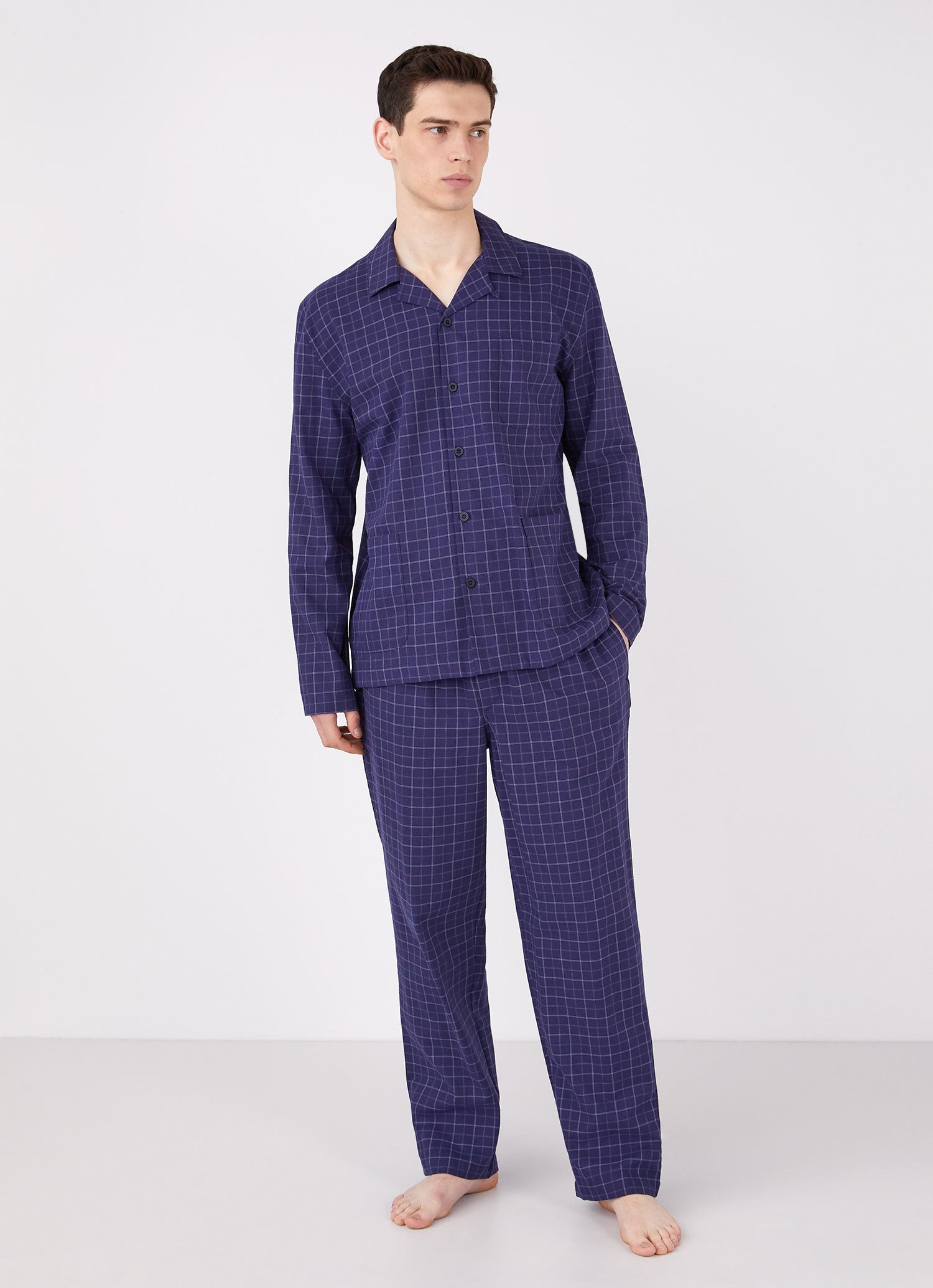 Men's Cotton Flannel Pyjama Shirt in Navy Check