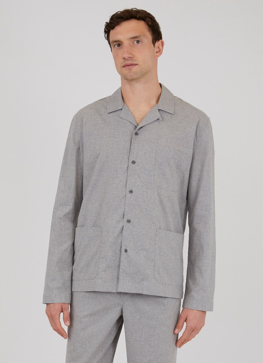 Men's Cotton Flannel Pyjama Shirt in Mid Grey Melange | Sunspel