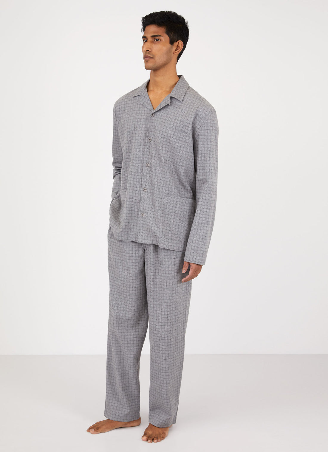 Men's Cotton Flannel Pyjama Shirt in Grey Melange Window Check