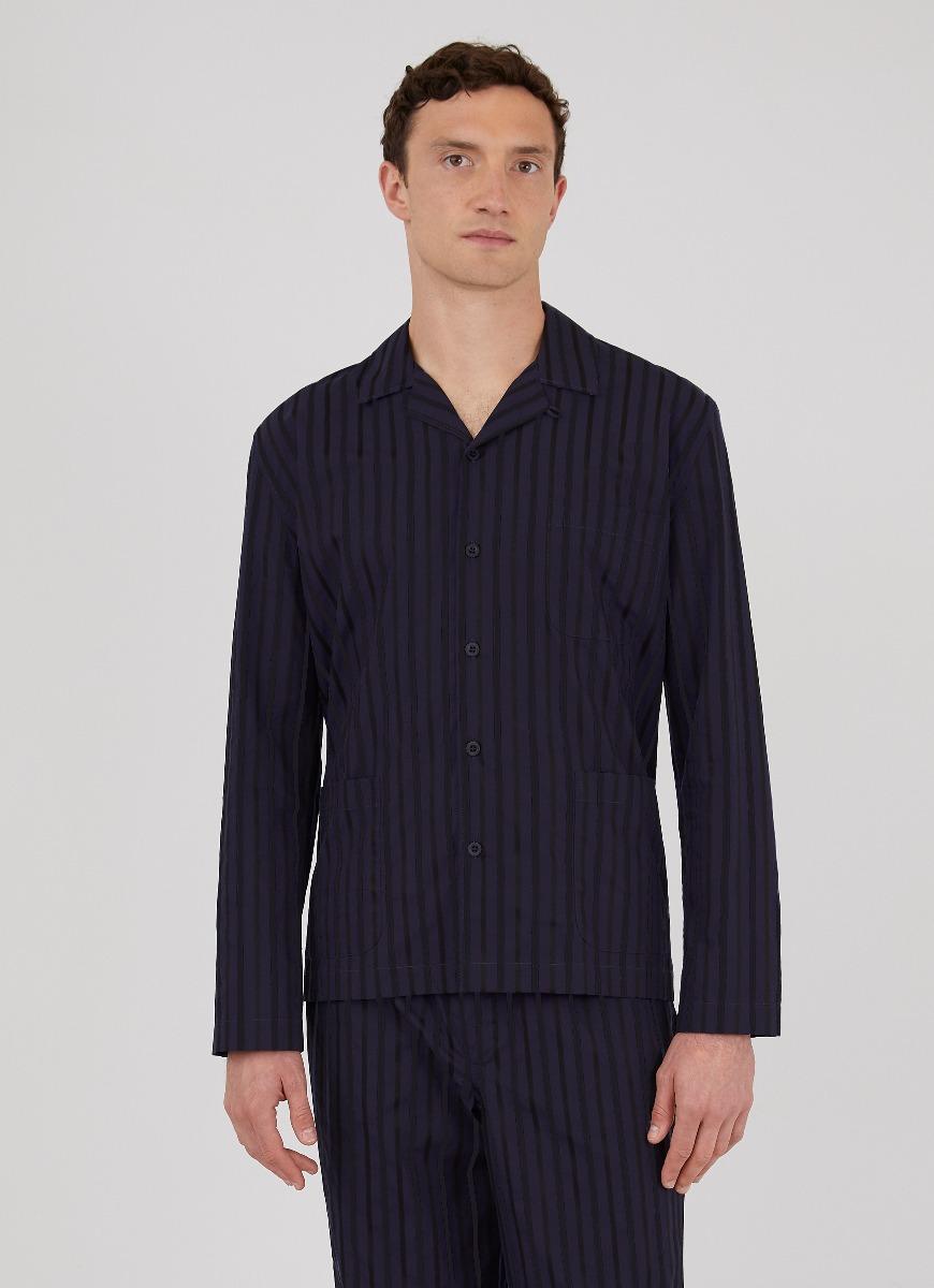 Men's Cotton Flannel Pyjama Shirt in Navy Dobby Stripe