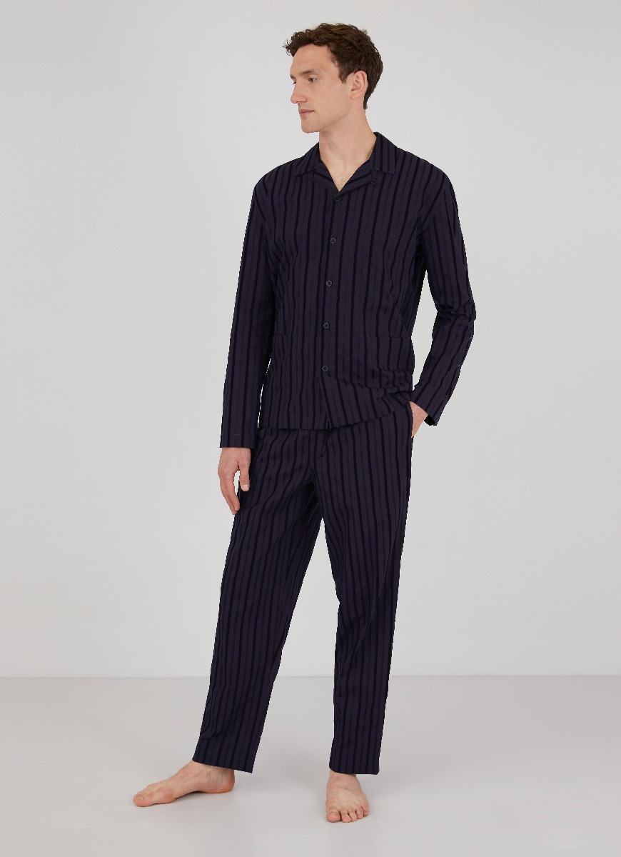 Men's Cotton Flannel Pyjama Shirt in Navy Dobby Stripe